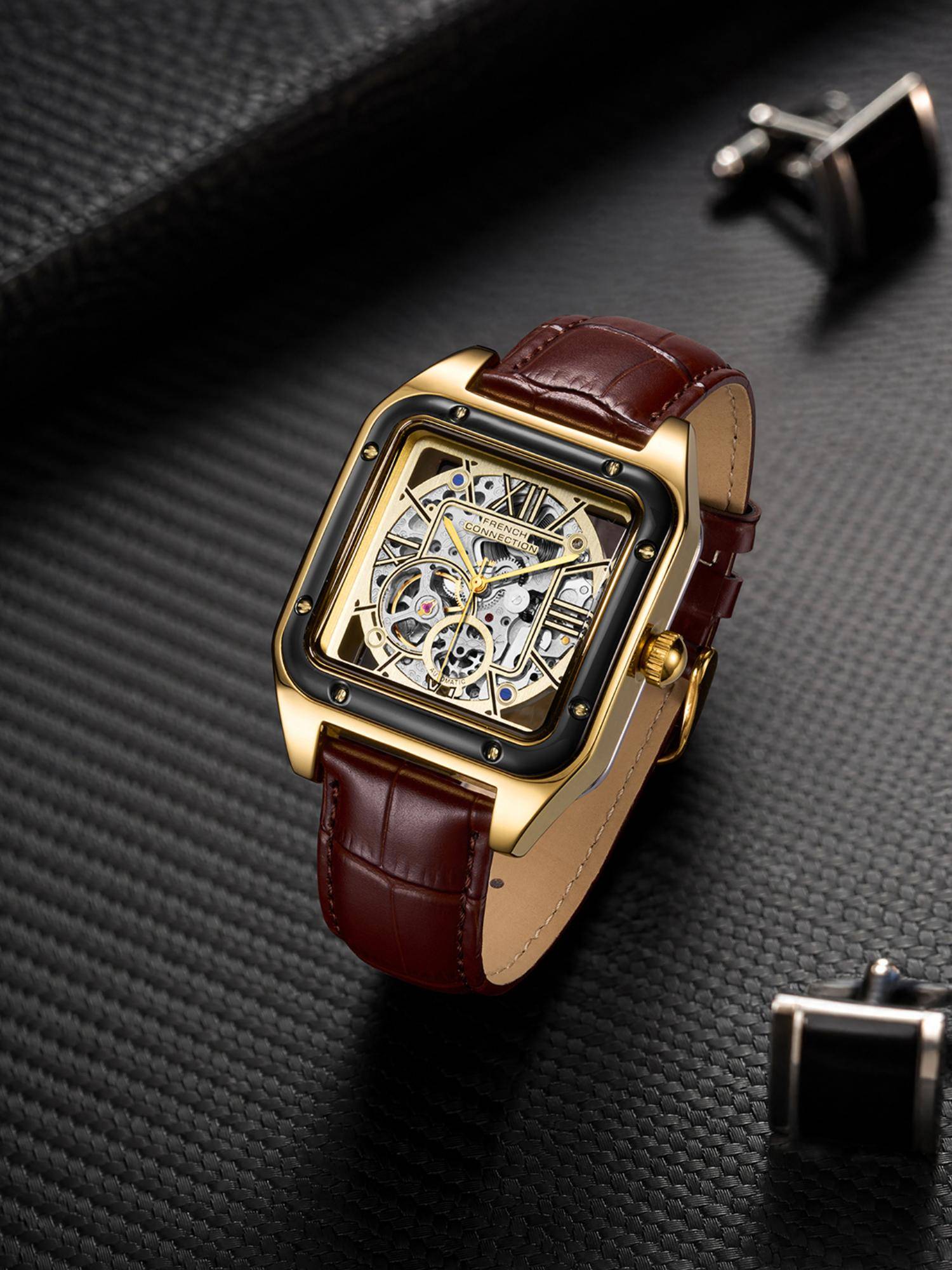 French Connection Autronox Skeleton Dial Leather Automatic Gold Watch (FCA33BRL) (M)