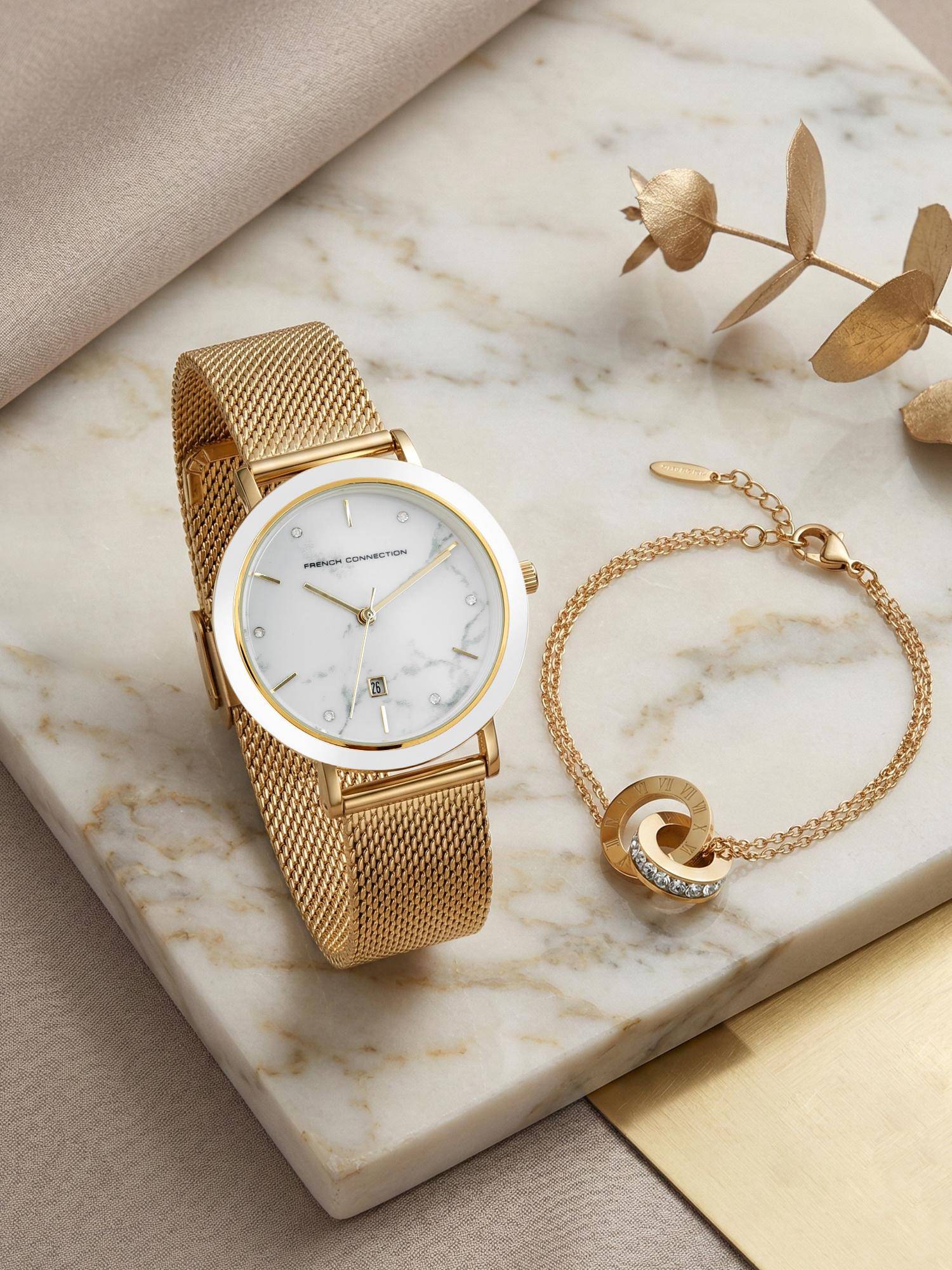 French Connection Mother Of Pearl White Gold & Quartz Watch With Bracelet (FCGS02-B) (M)