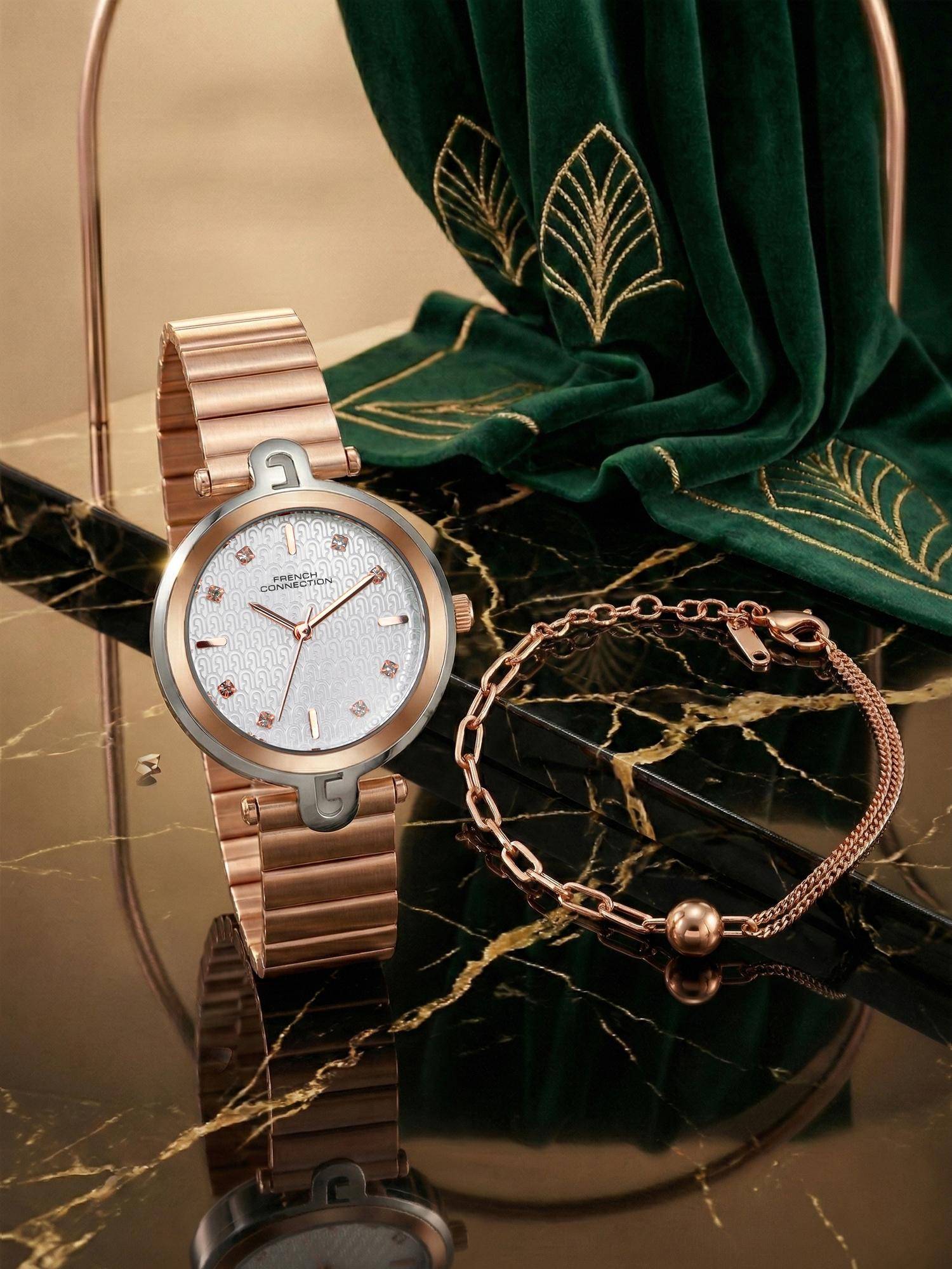 French Connection Rhinestones Silver Textured Rose Gold & Quartz Watch With Bracelet (FCGS05-A) (M)