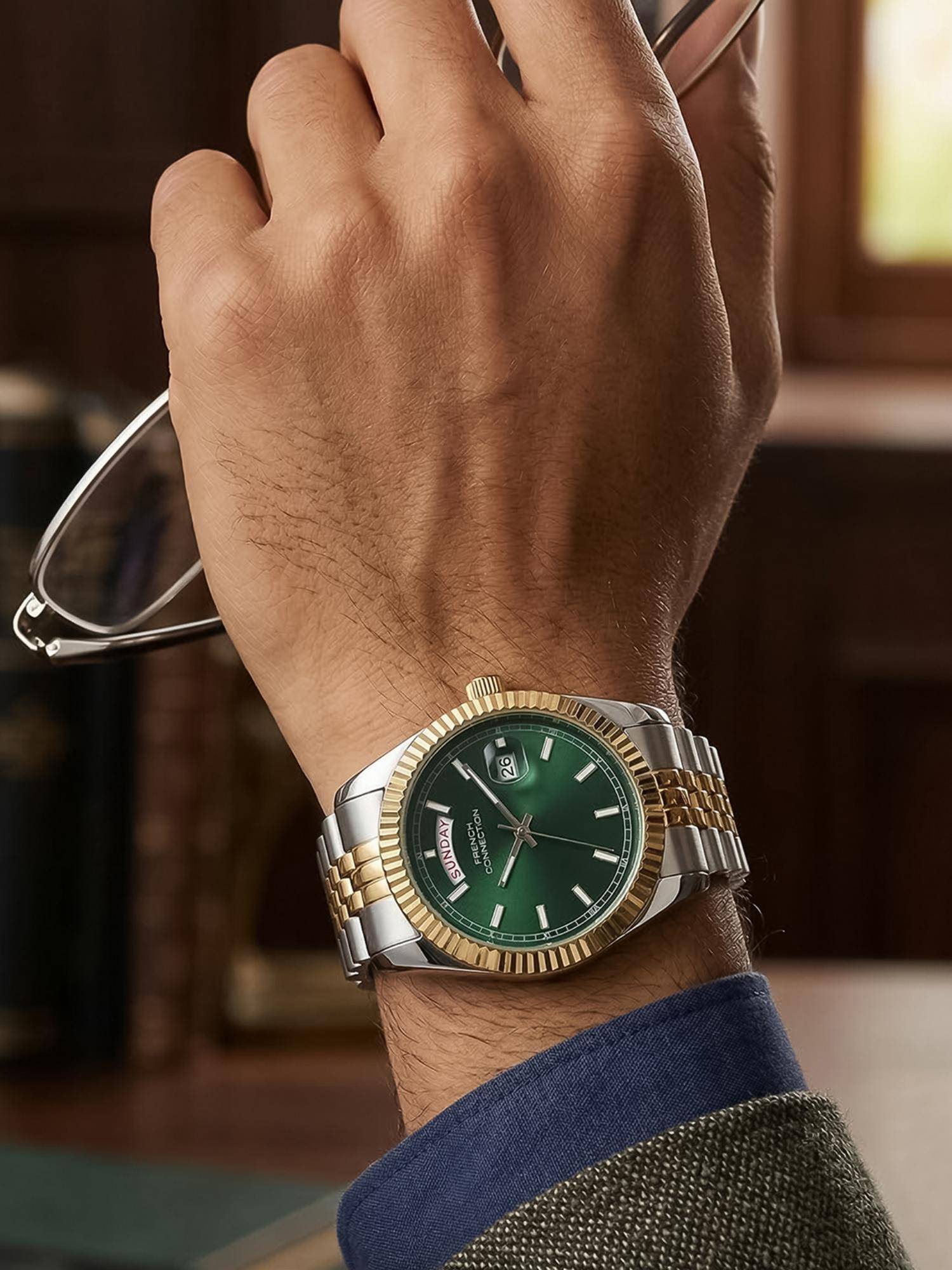 French Connection Green Day And Date Modern Dial Two-Tone Stainless Steel Watch (FCND10NTM) (M)