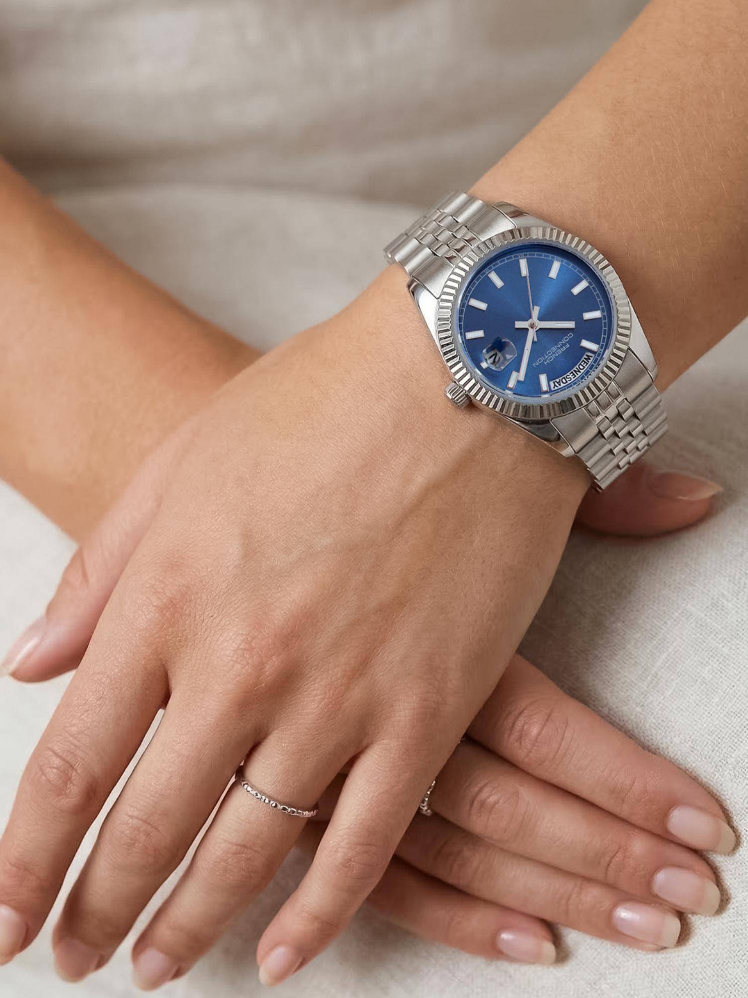 French Connection Blue Day And Date Modern Dial Silver Stainless Steel Watch (FCND11USM) (M)