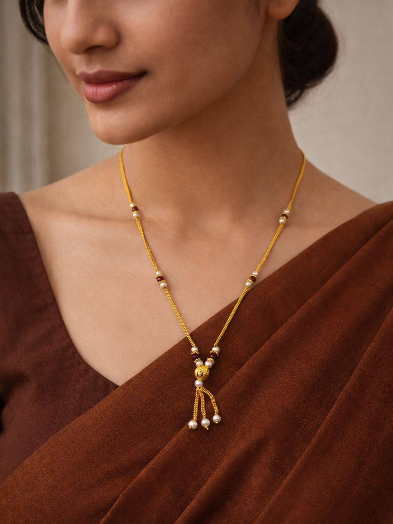 Digital Dress Room Gold Plated Red Mani Beads Single Line Chain Mangalsutra