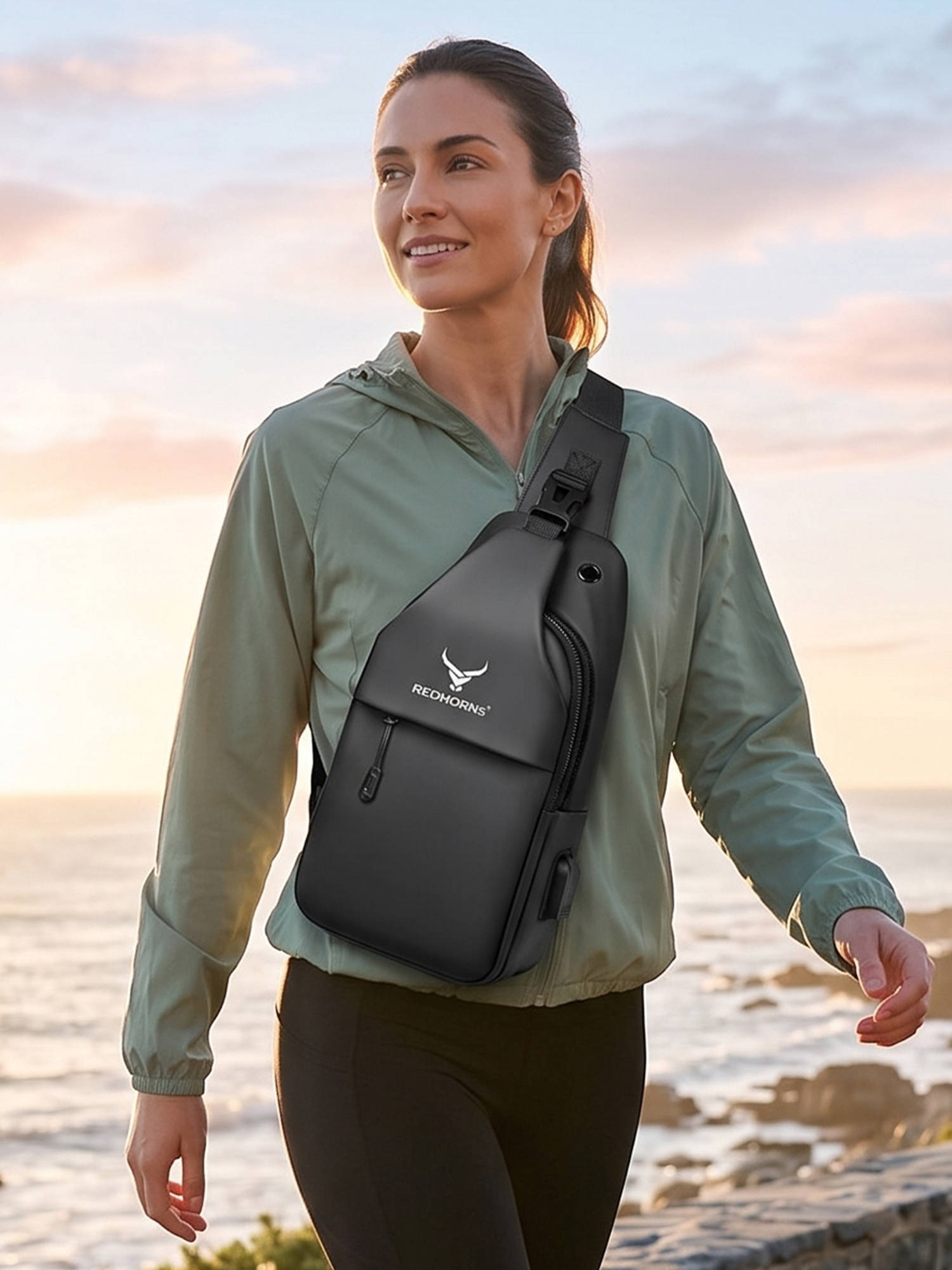 REDHORNS Black Waterproof Crossbody Chest Bag Fashion Sling Bag With Adjustable Shoulder Strap