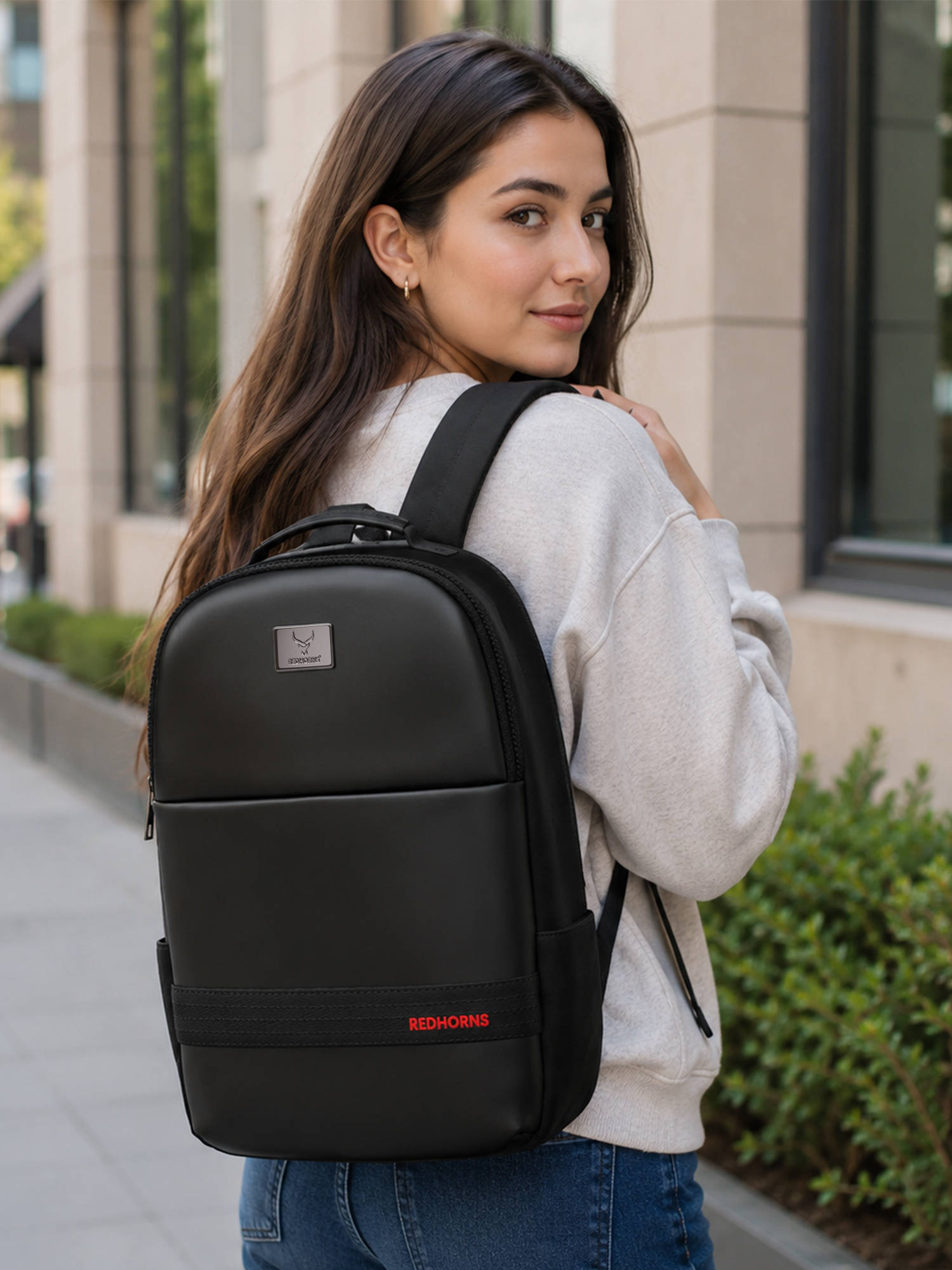 REDHORNS Black Faux Leather 15.6-Inch Laptop Backpack With Rain Cover Backpack
