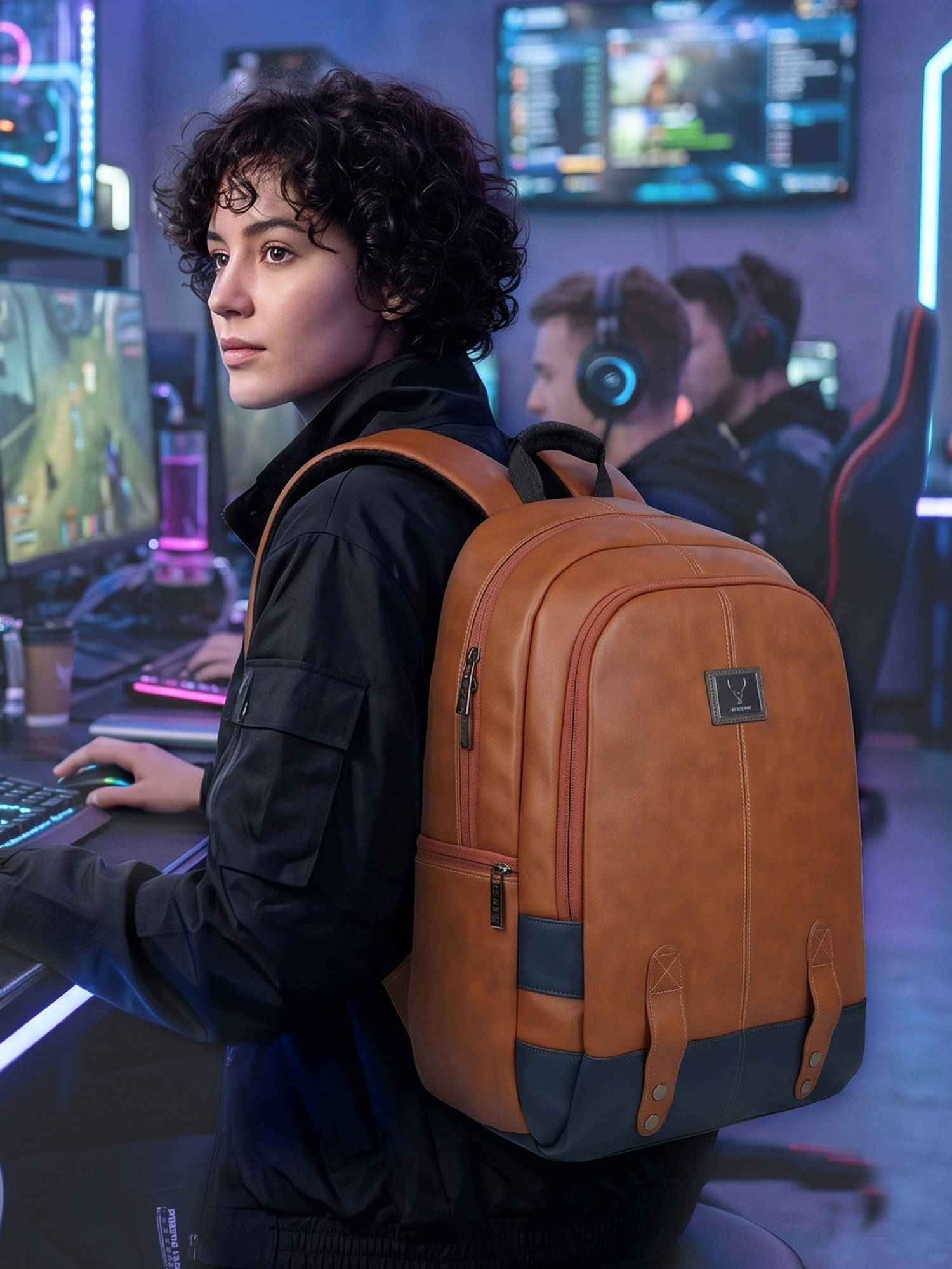 REDHORNS Tan Classic 30L Faux Leather Laptop Backpack 15.6-Inch Anti Theft Bags