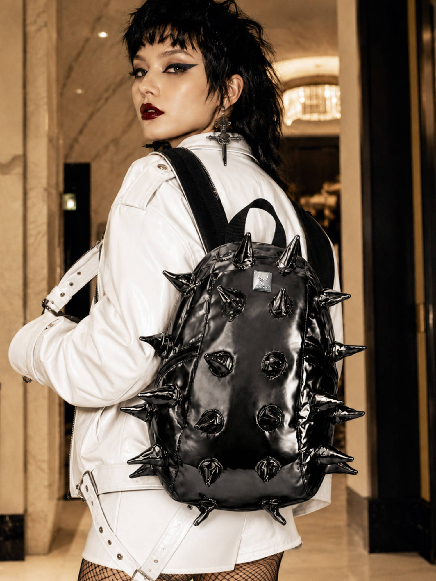 REDHORNS Black Pu Leather Outdoor Water-Resistant Travel Backpack