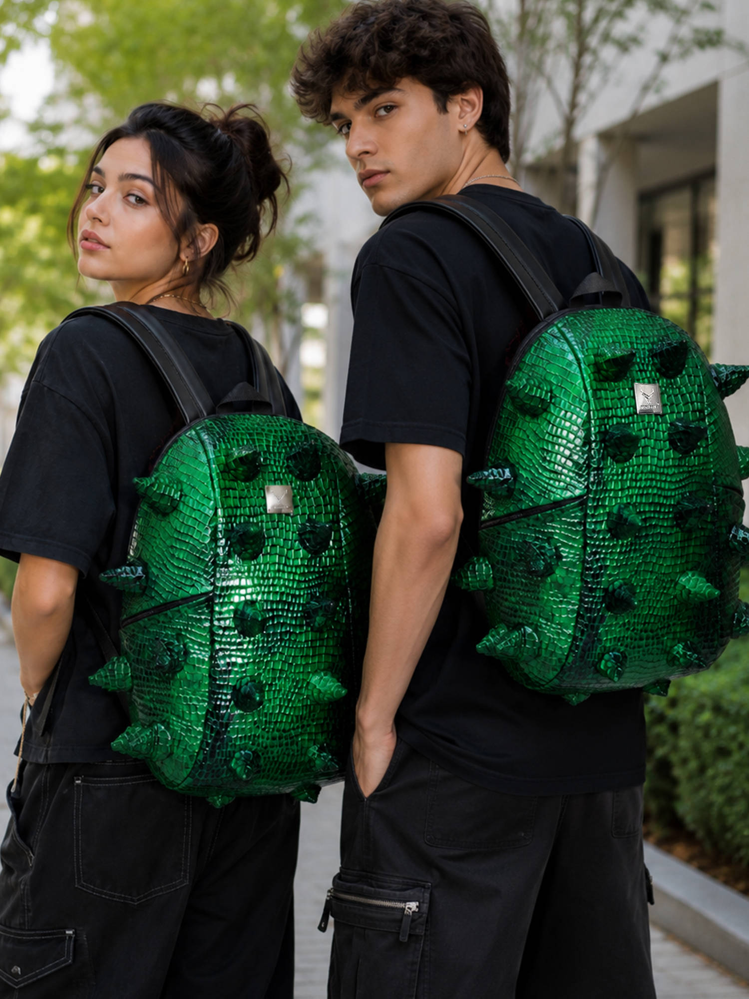 REDHORNS Green Crocodile Texture Pu Leather Outdoor Backpack Water-Resistant Travel Bag