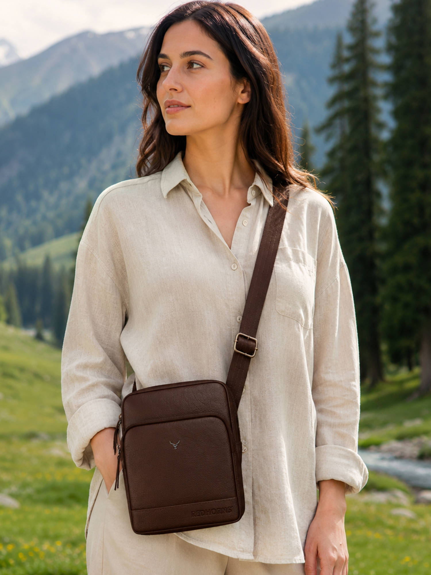 REDHORNS Brown Genuine Leather Sling Bag For Men And Women Sling Bag