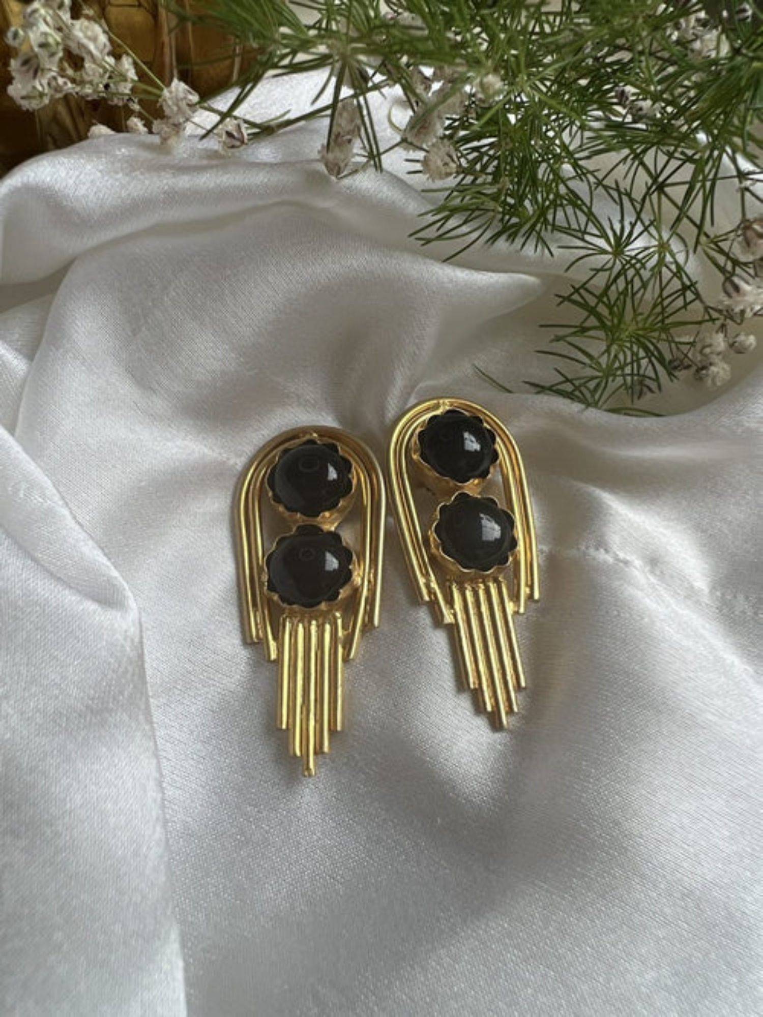 XAGO Gold Toned Black Contemporary Shaped Drop Earring