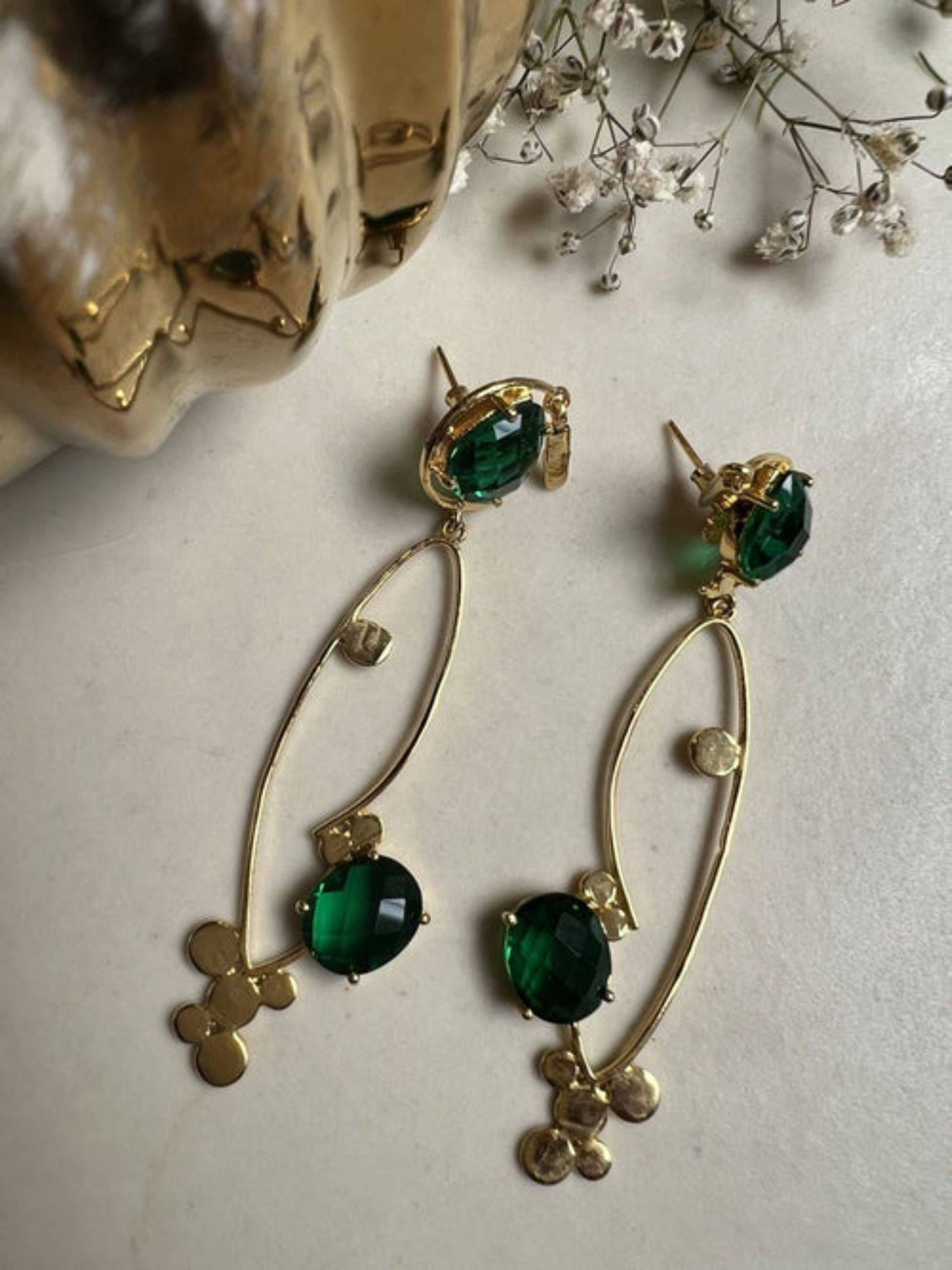 XAGO Gold Toned Green Teardrop Shaped Drop Earrings