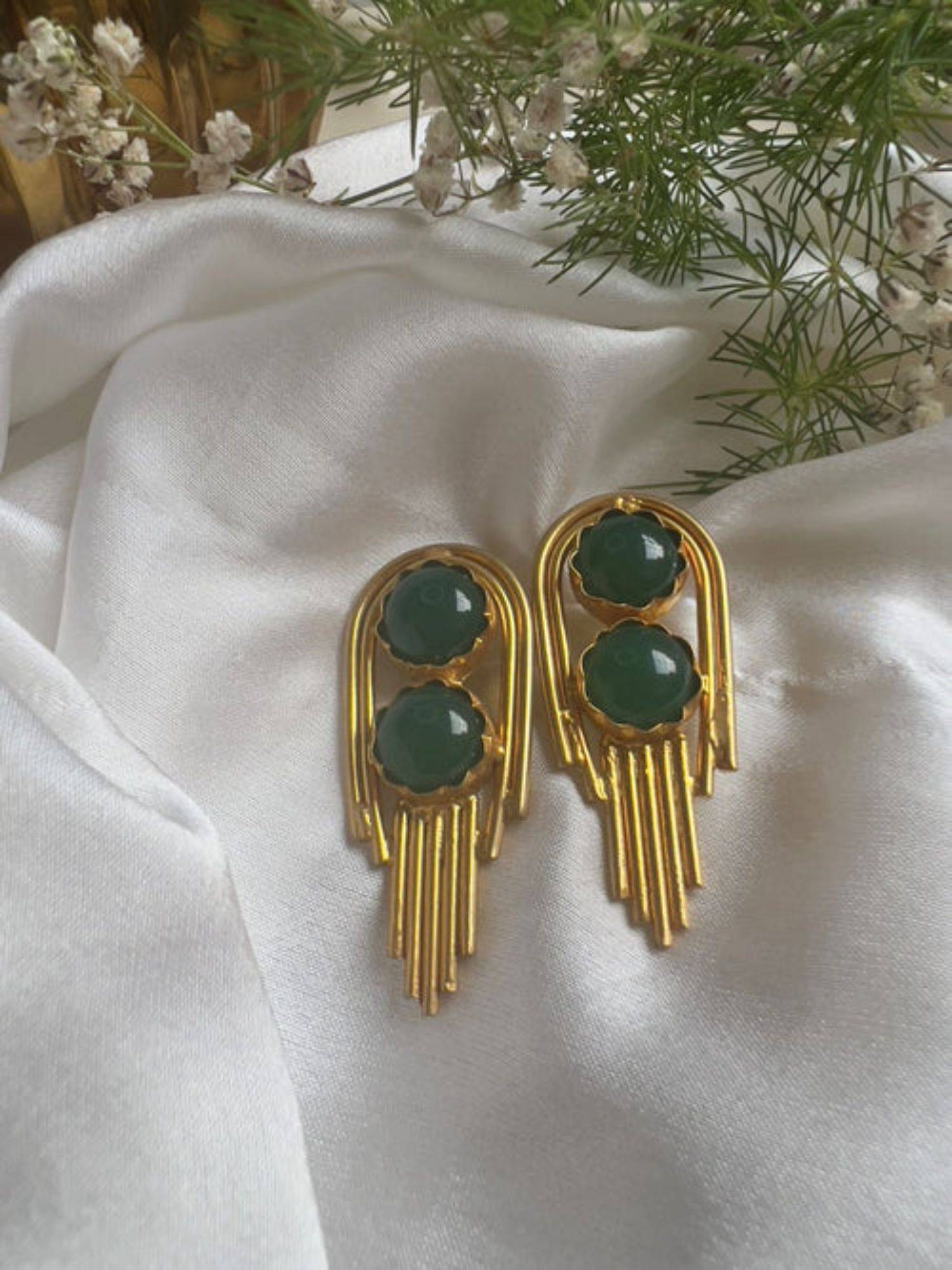 XAGO Gold Toned Green Conemporary Shaped Drop Earrings