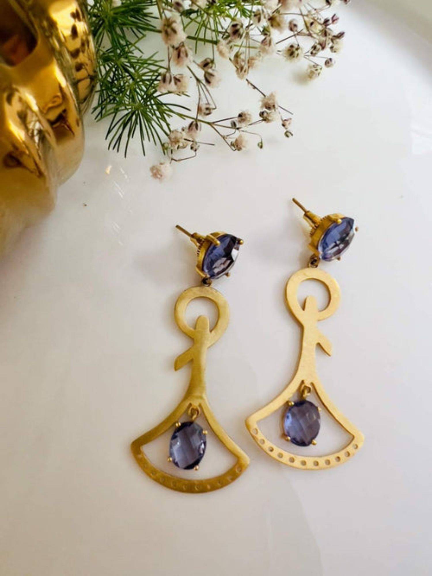 XAGO Gold Toned Purple Teardrop Shaped Drop Earrings