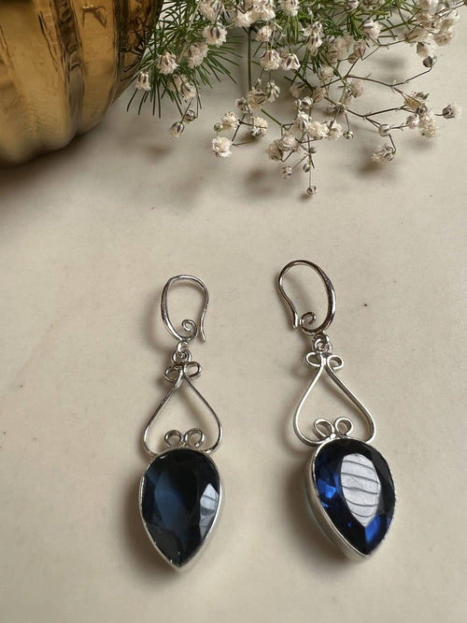 XAGO Silver Toned Blue Teardrop Shaped Drop Earring