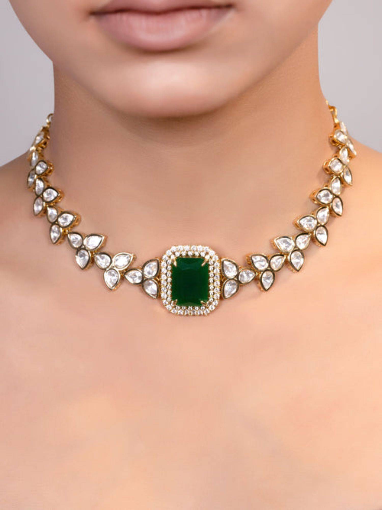 XAGO Le Keya Gold Plated Green Bead And Kundan Studded Necklace
