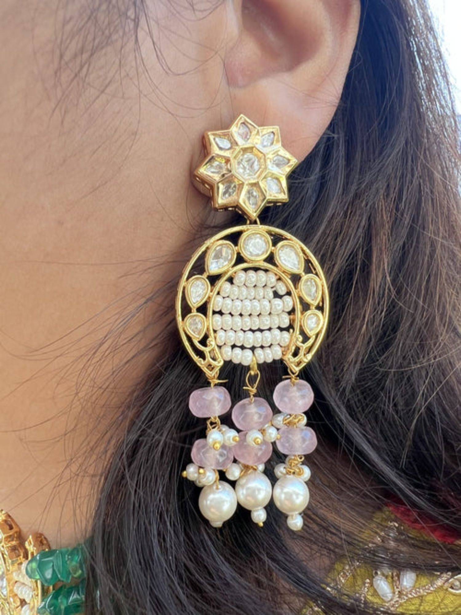 XAGO Le Santiago Pink Beads and Kundan Drop Earrings