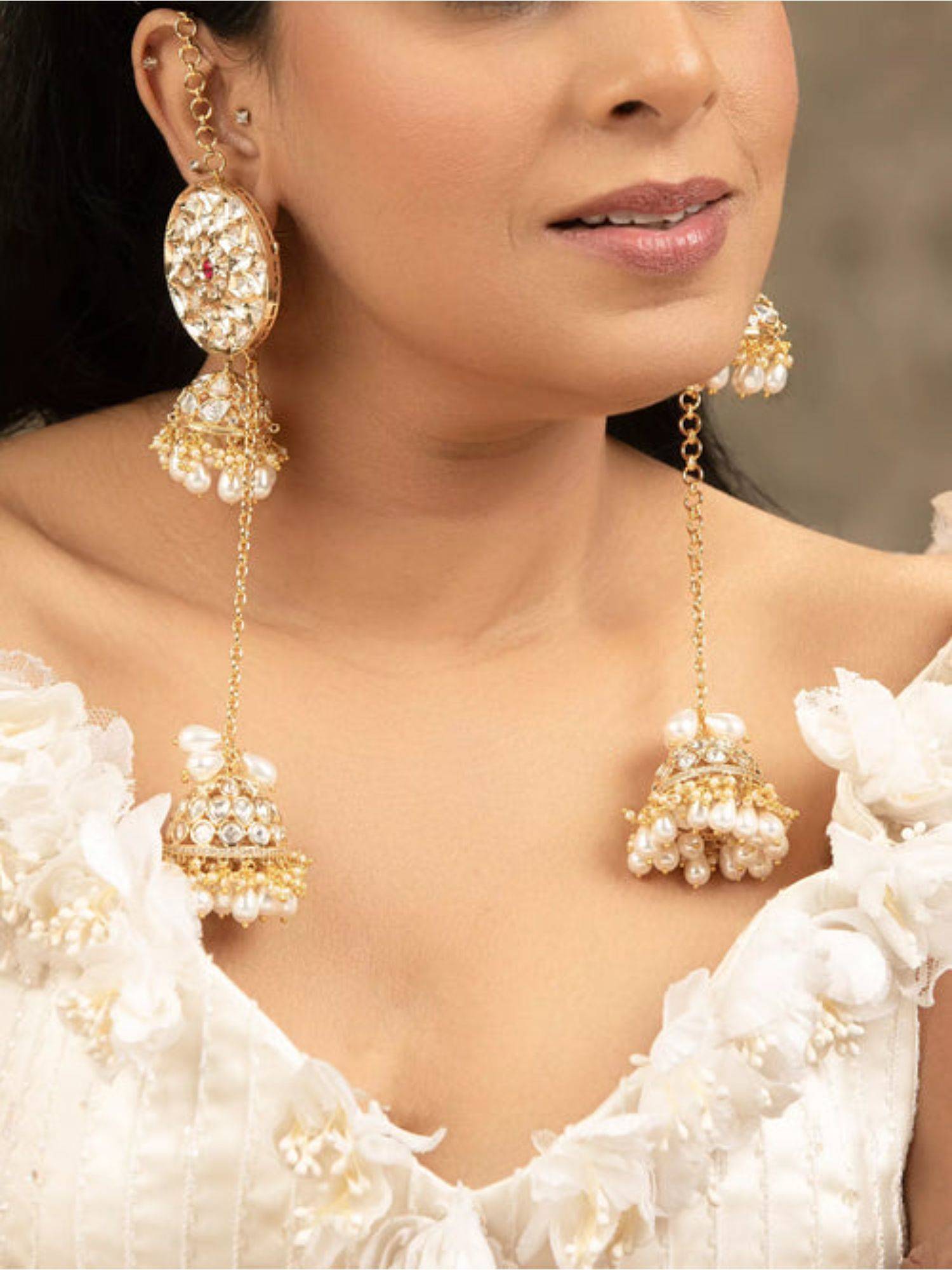 XAGO Tejasvi Moissanite Polki Jhumkas With Tassel and Pearl Drops