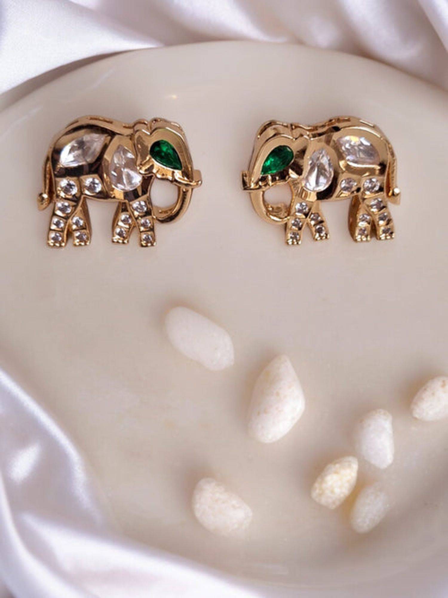 XAGO Le Rabani Gold Plated Kundan Studded Elephant Shaped Stud Earrings