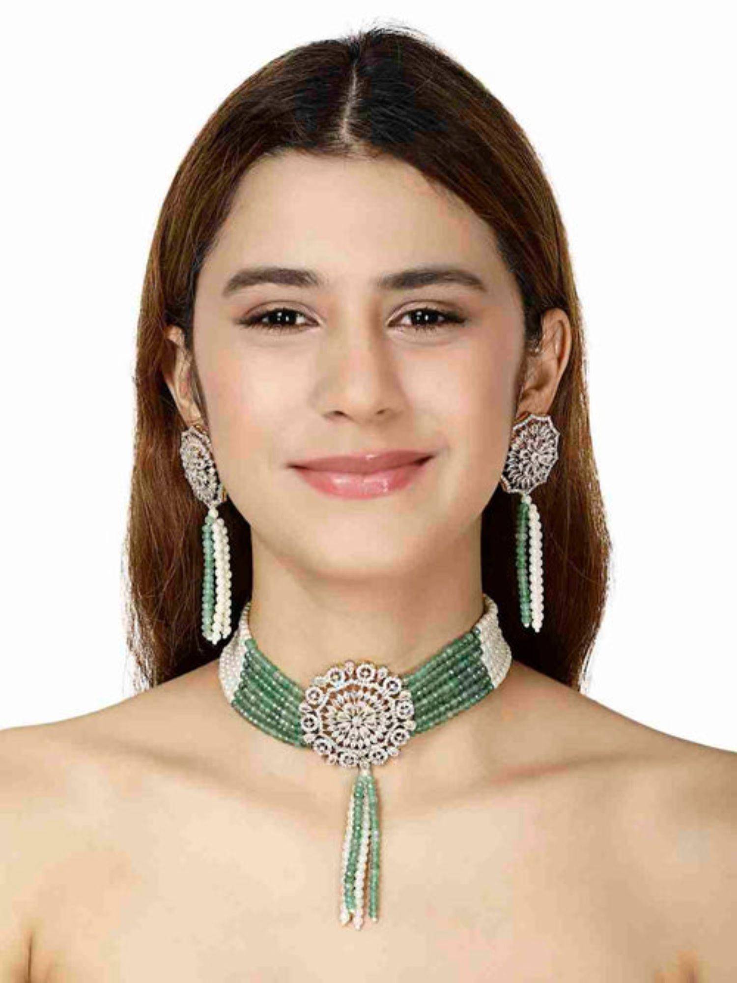 XAGO Ekanta Green And White Pearls Kundan Necklace Set