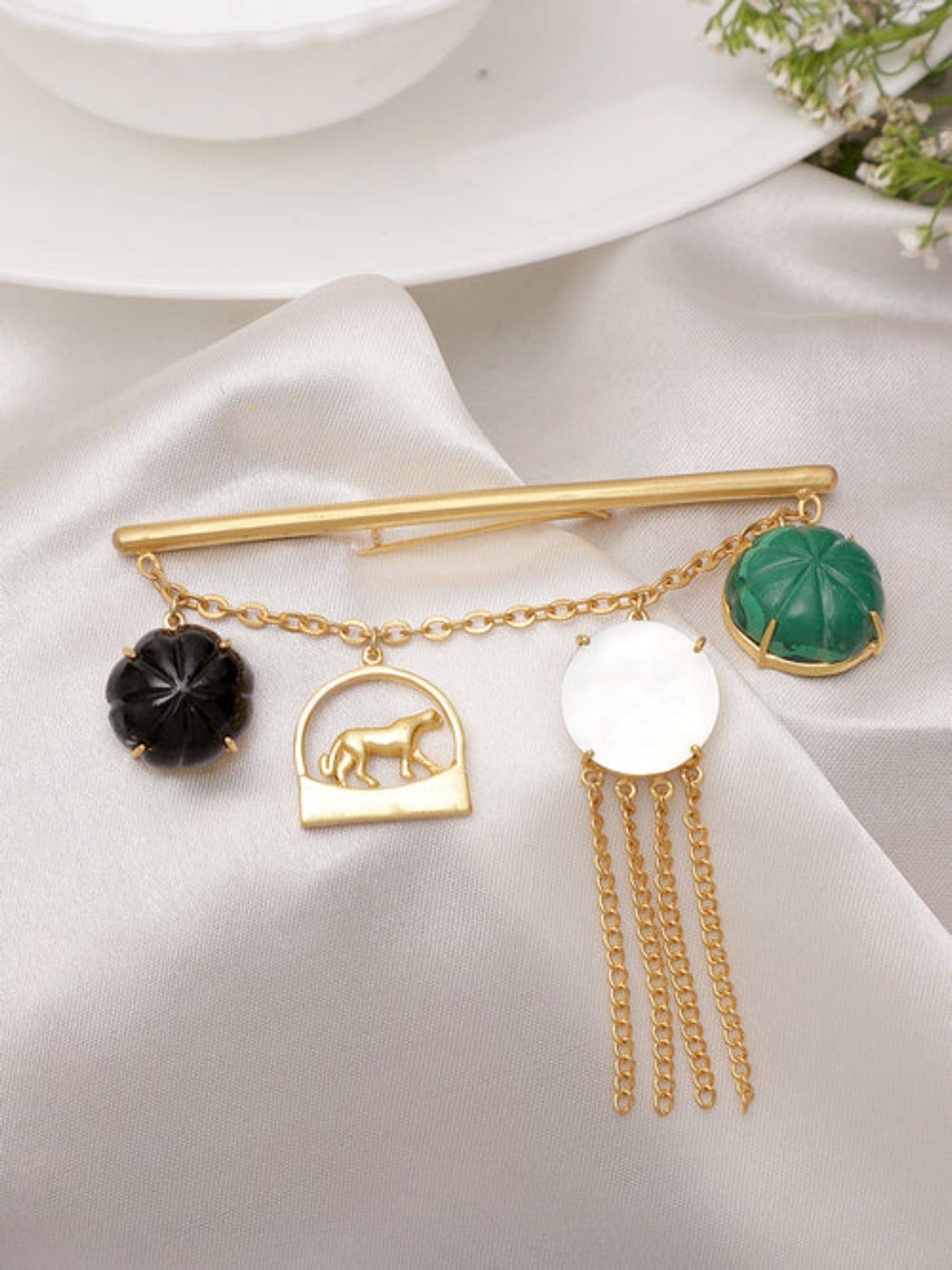 XAGO Adonis Green Onyx, Black Onyx and Mother Of Pearl Brooch