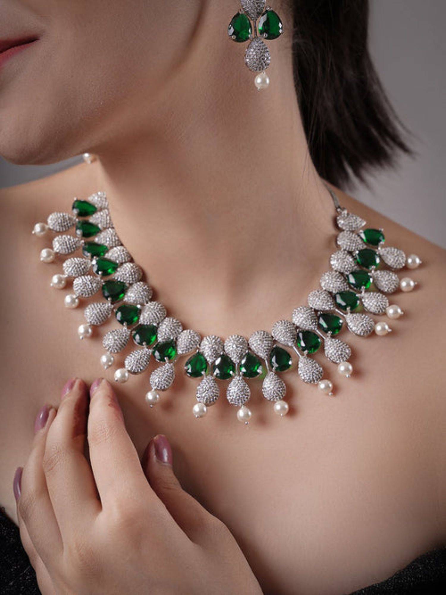 XAGO Le Kaivalya Green Rhodium-Plated Ad-Studded Necklace And Earrings