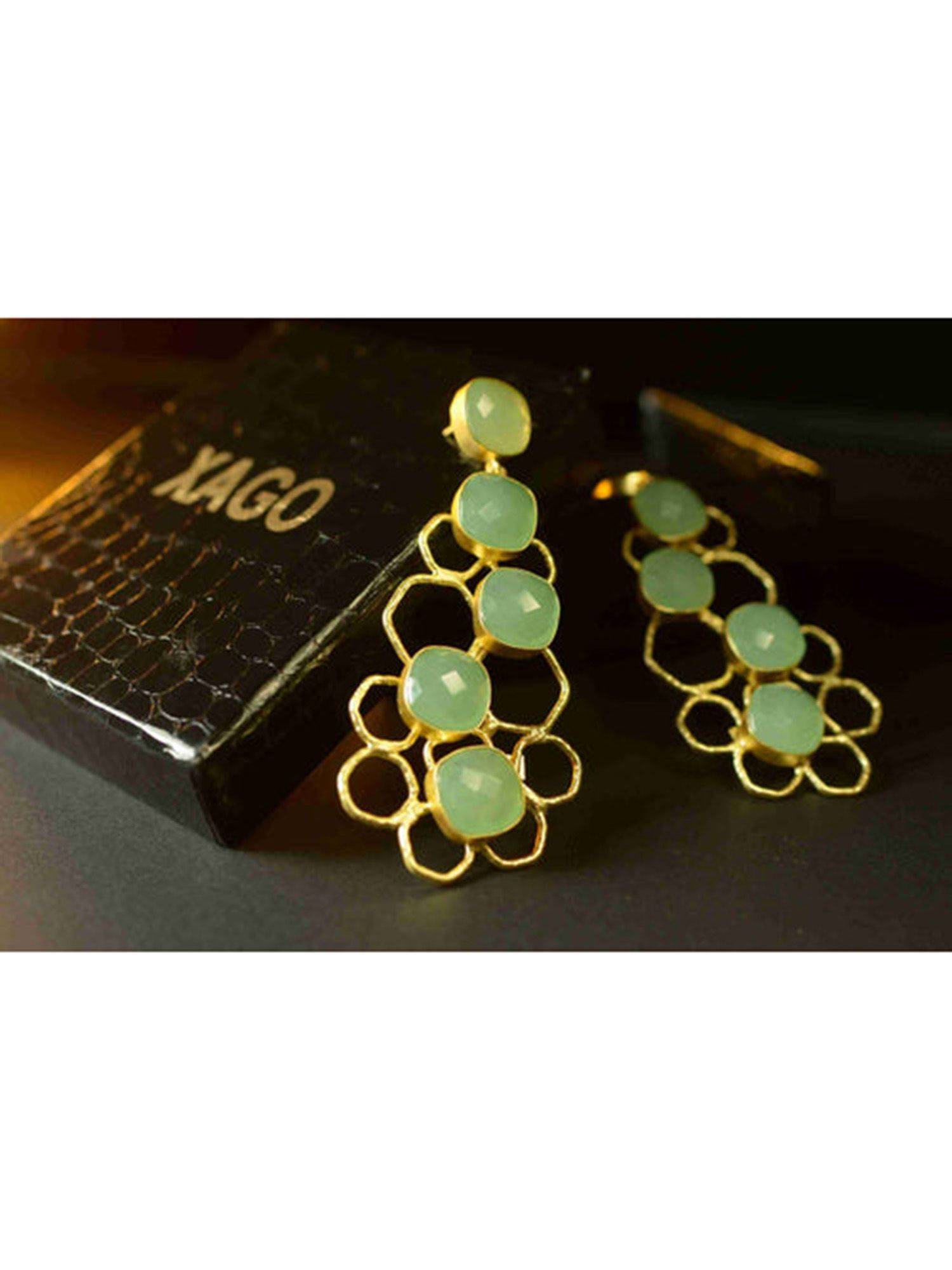 XAGO Noah Gold Plated Rose Cut Aqua Chalcedony Contemporary Drop Earrings