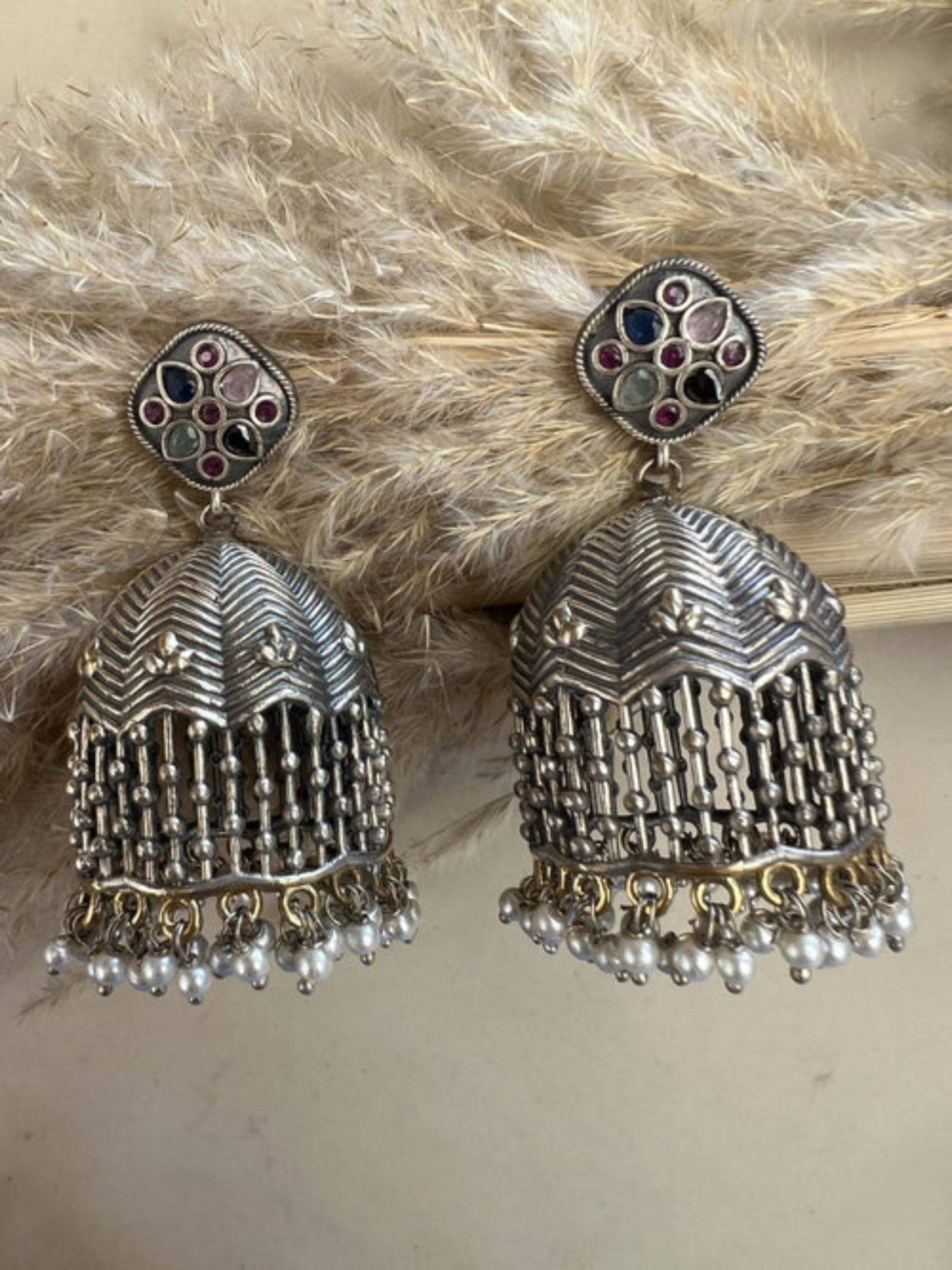 XAGO Le Elena Silver-Toned Floral Shaped Jhumka Earrings