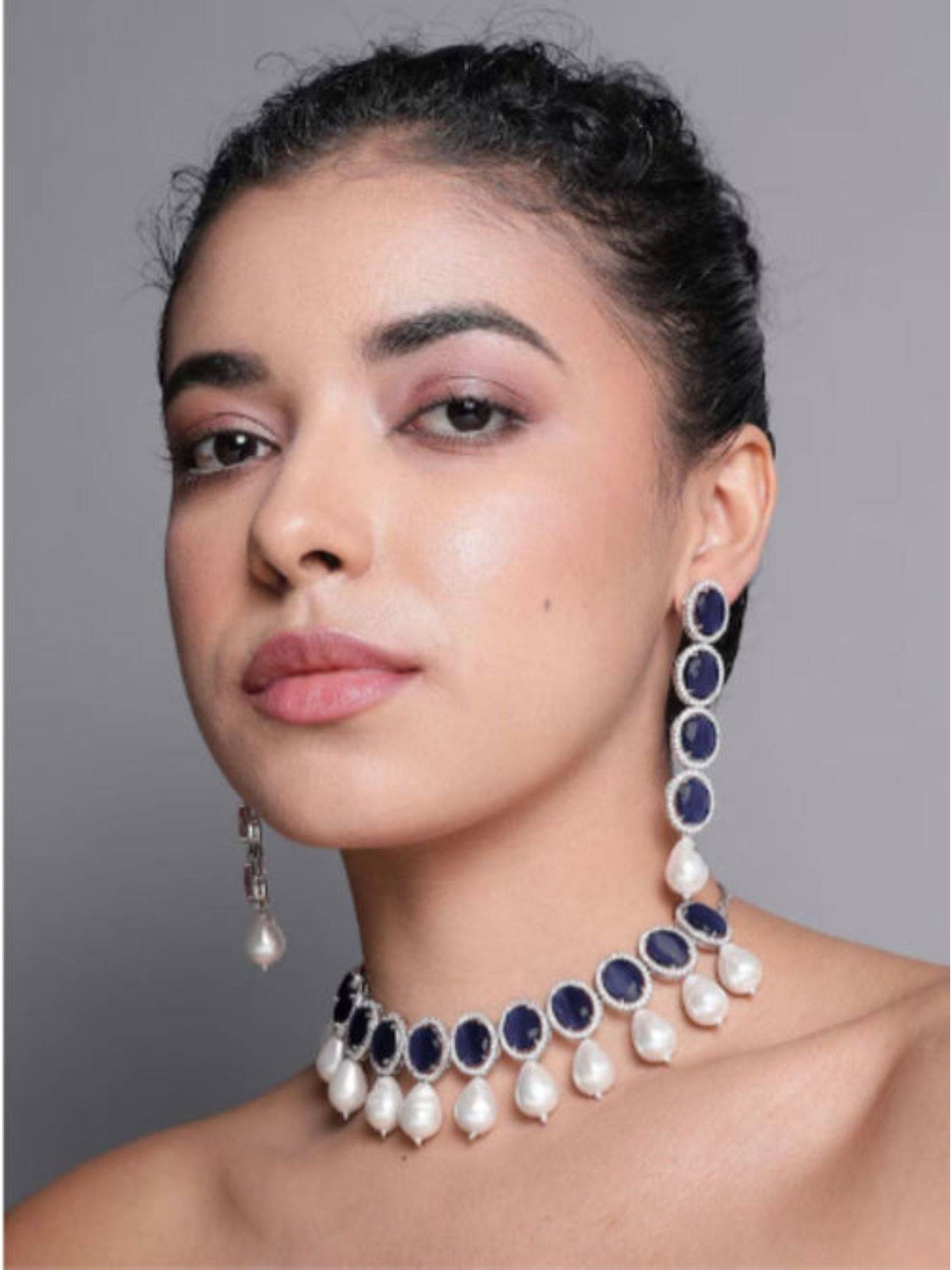 XAGO Le Libena Rhodium-Plated and Blue Beaded Ad-Studded Handcrafted Jewellery Set
