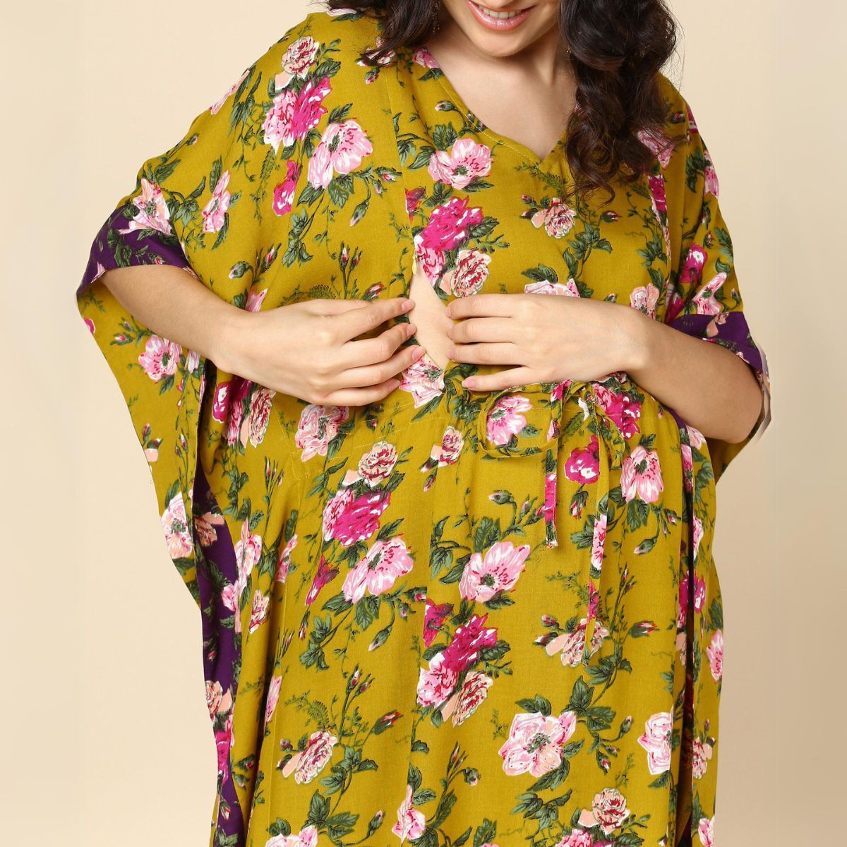 Buy Zelena Flared Sleeves Mustard Pregnancy Maternity Kaftan Online
