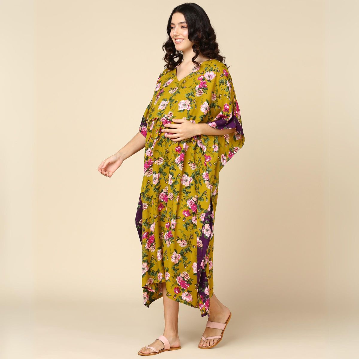 Buy Zelena Flared Sleeves Mustard Pregnancy Maternity Kaftan Online