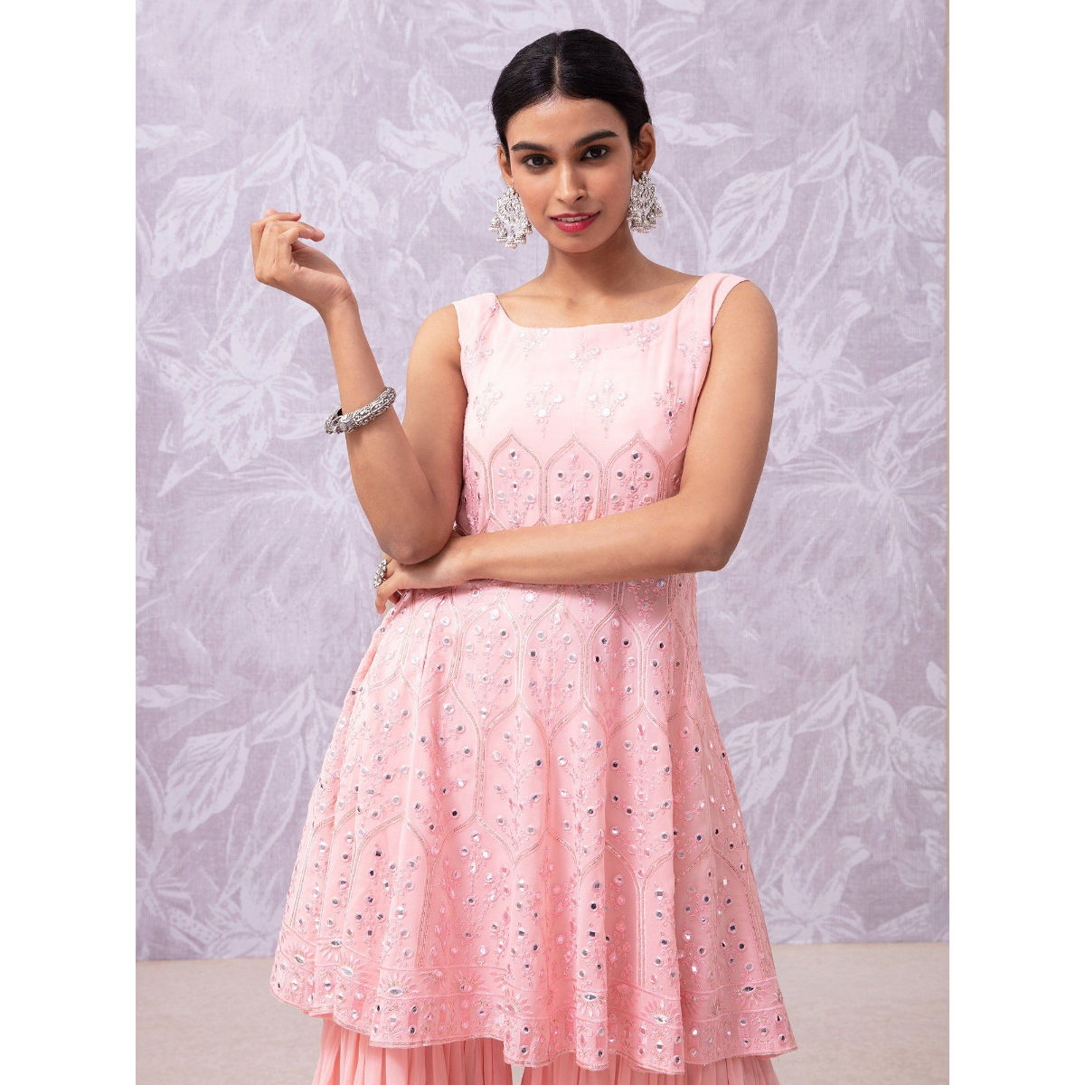 Buy Likha ShaaneAvadh Light Pink Mirror Work Kurta, Sharara & Dupatta