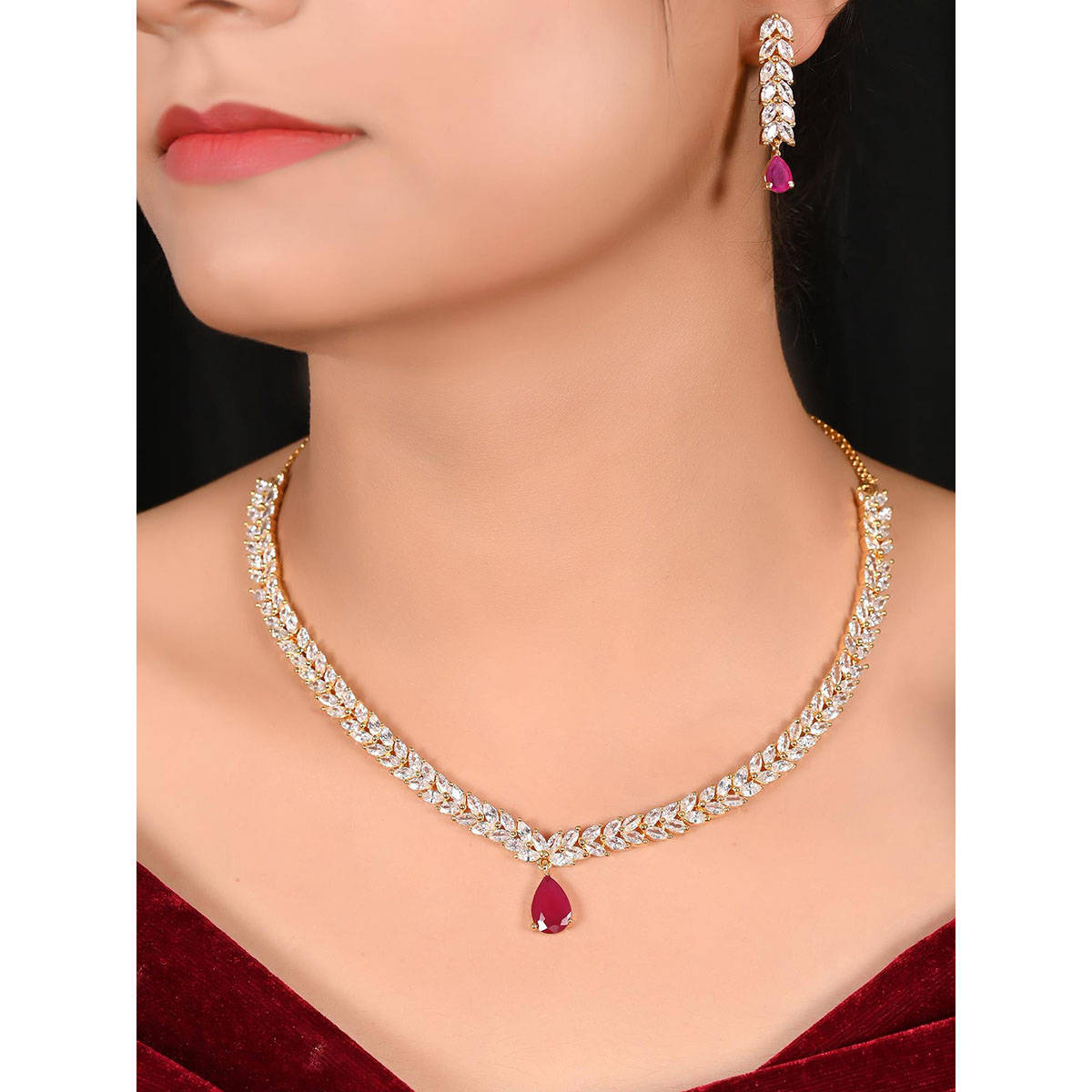 Ratnavali Jewels Gold Plated CZ AD Studded Pink Drop Necklace Jewellery Set with Earrings