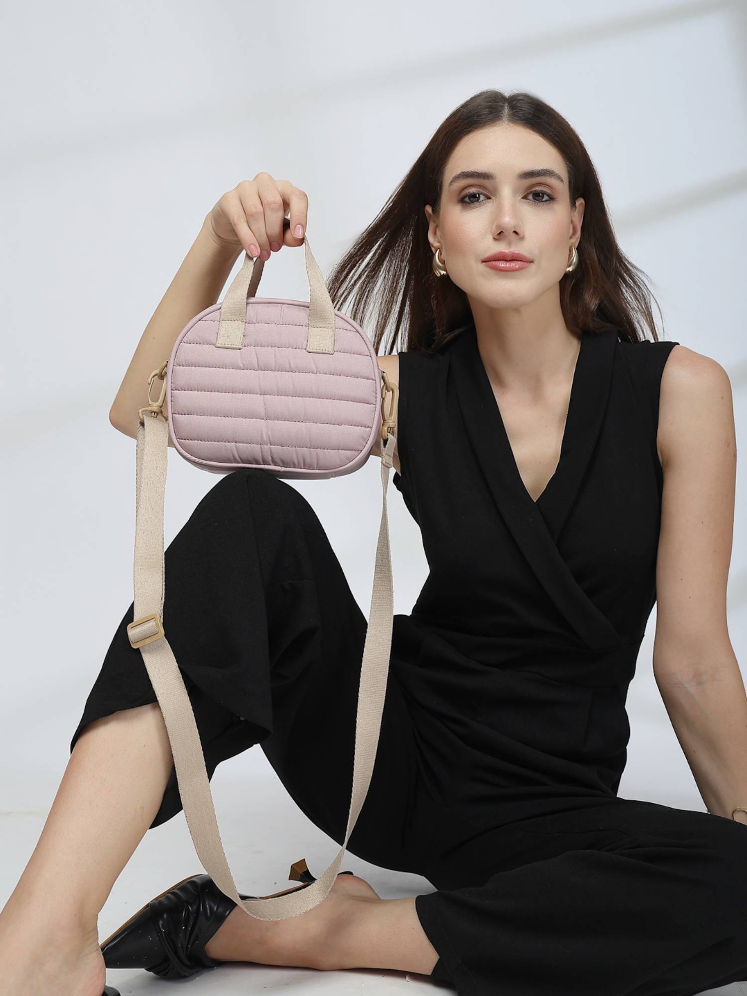Anekaant Drift Dusty Pink Polyester Striped Quilted Mini Bag