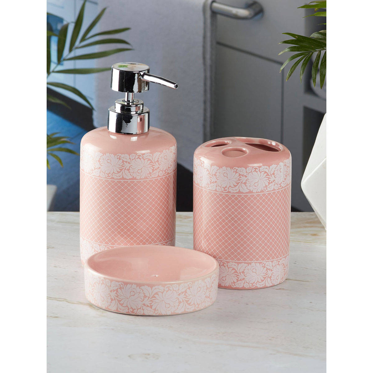 Kookee Ceramic Toothbrush Holder and Soap Dish with Soap Dispenser -Pink (Set of 3)