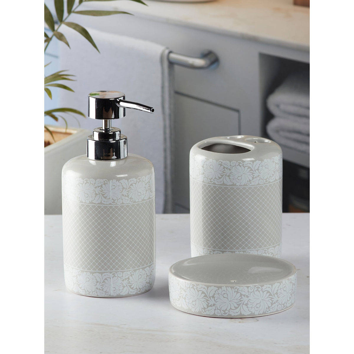 Kookee Ceramic Toothbrush Holder & Soap Dish with Soap Dispenser -Grey (Set of 3)