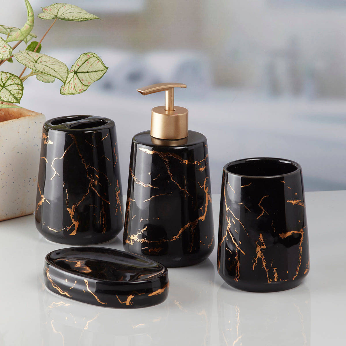 Kookee Ceramic Toothbrush Holder, Soap Dish & Tumbler with Soap Dispenser -Black (Set of 4)