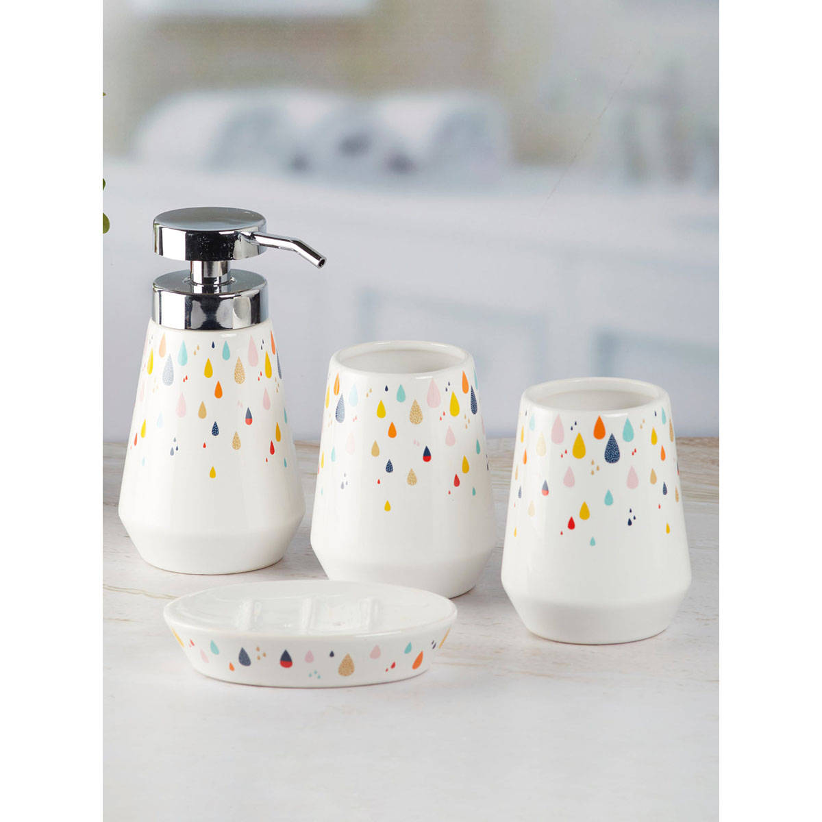 Kookee Ceramic Toothbrush Holder, Soap Dish & Tumbler with Soap Dispenser -White (Set of 4)