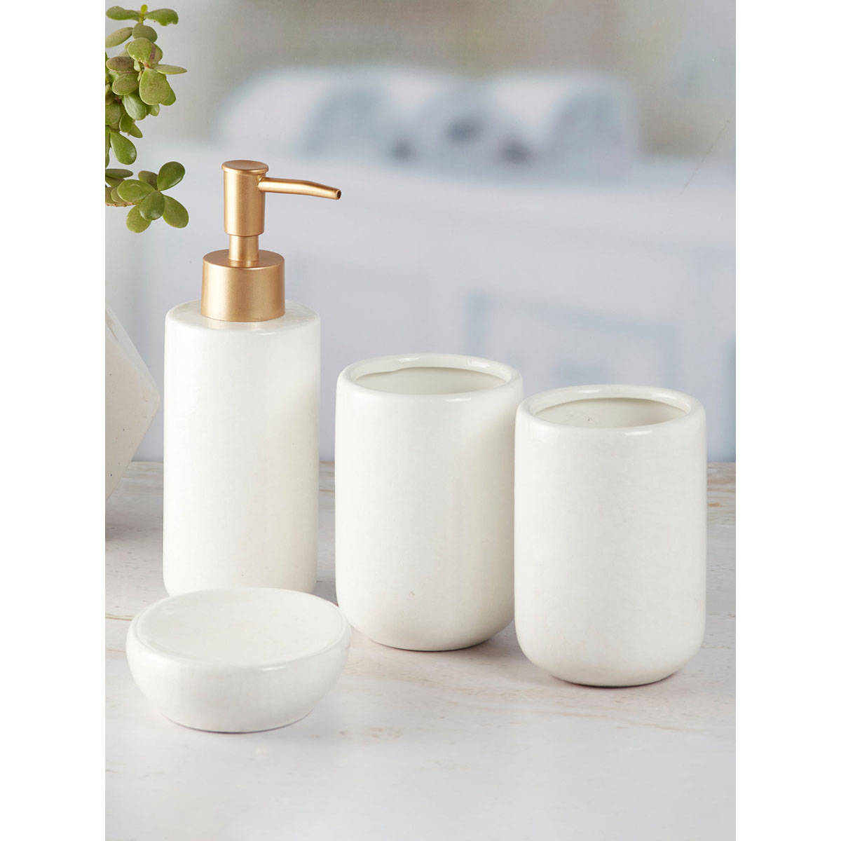 Kookee Ceramic Toothbrush Holder, Soap Dish & Tumbler with Soap Dispenser -White (Set of 4)