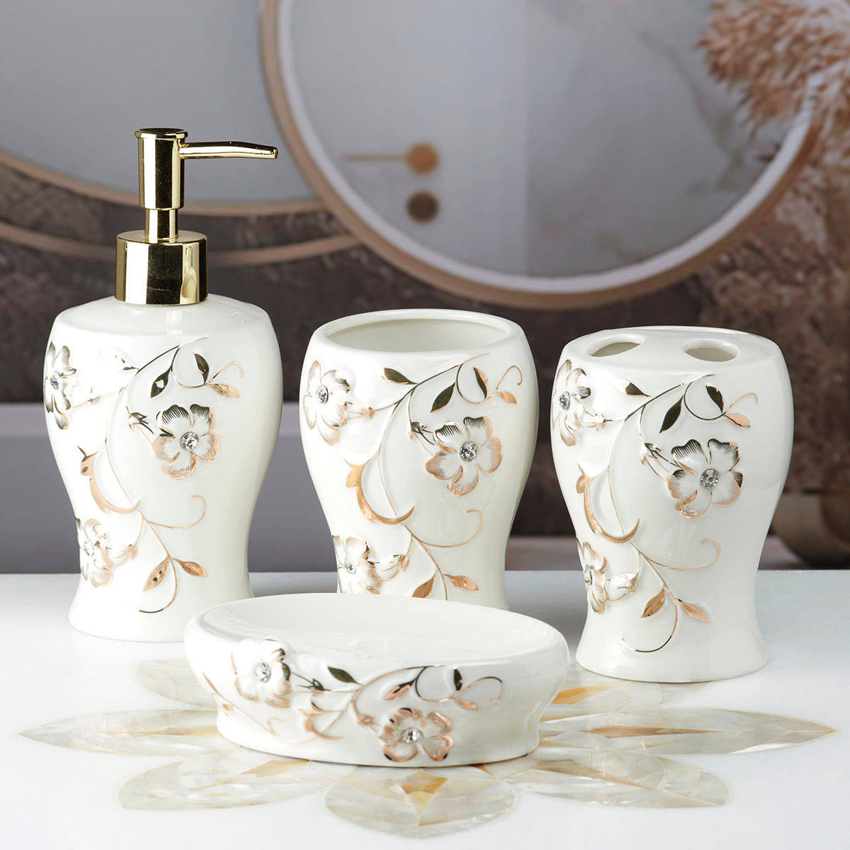 Kookee Ceramic Toothbrush Holder, Soap Dish & Tumbler with Soap Dispenser -White (Set of 4)
