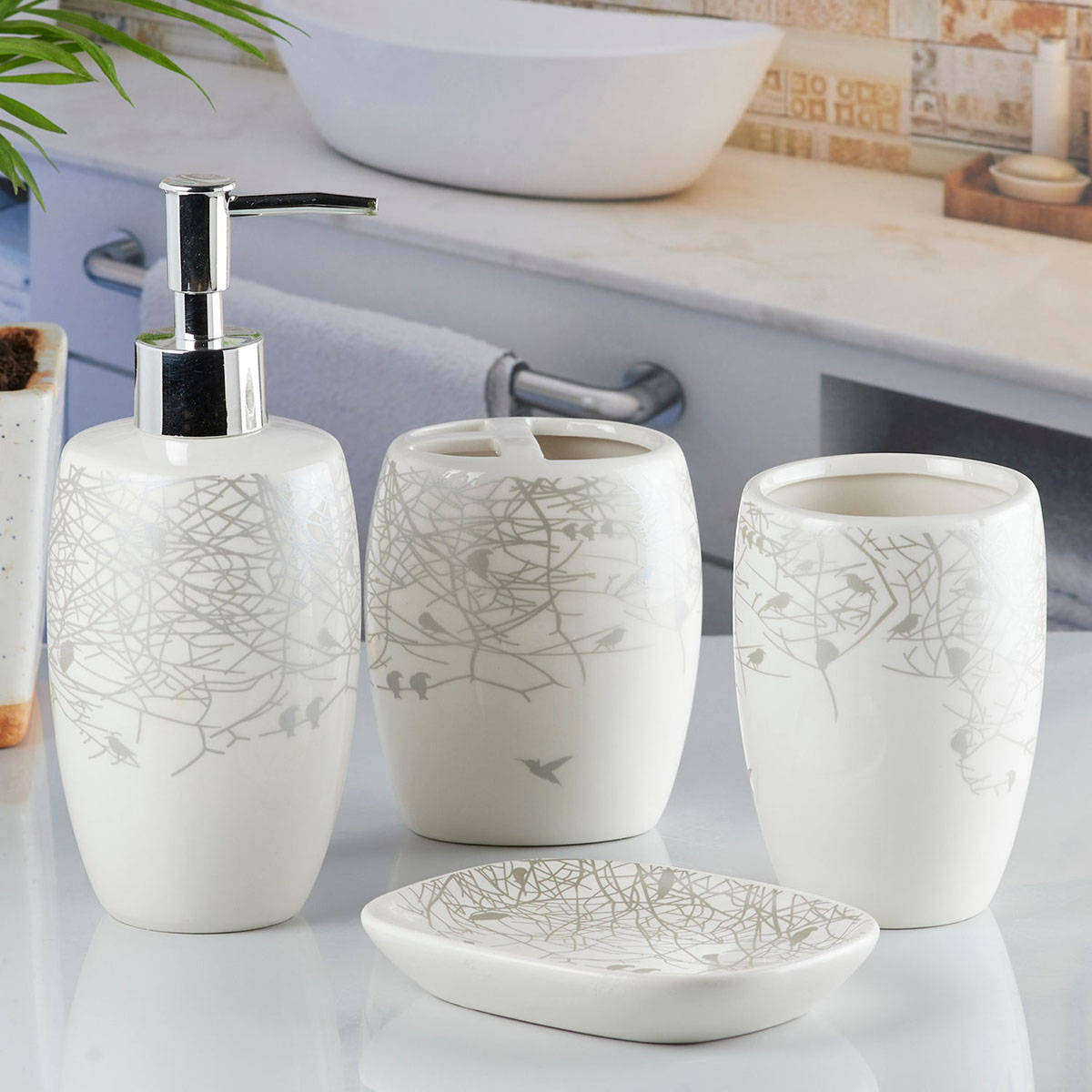 Kookee Ceramic Toothbrush Holder, Soap Dish & Tumbler with Soap Dispenser -White (Set of 4)