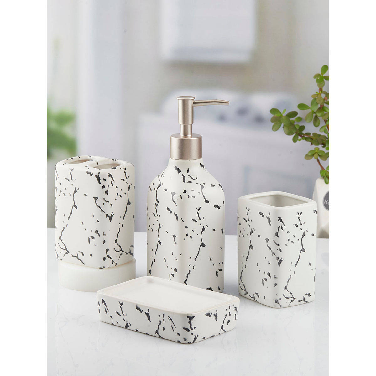 Kookee Ceramic Toothbrush Holder, Soap Dish & Tumbler with Soap Dispenser -White (Set of 4)