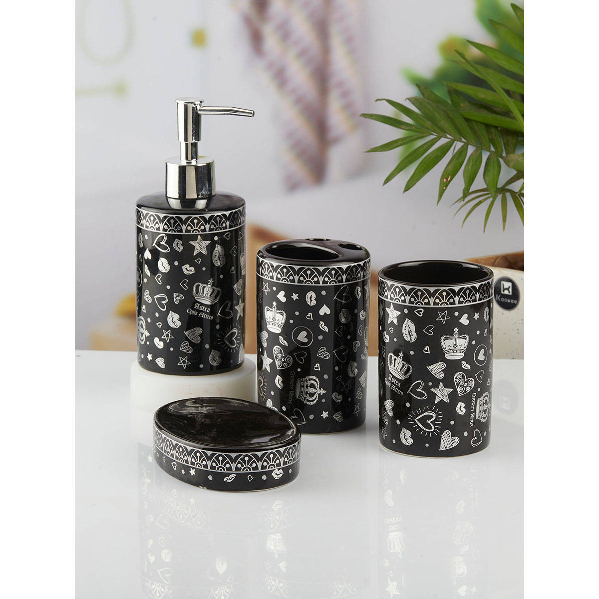 Kookee Ceramic Toothbrush Holder, Soap Dish & Tumbler with Soap Dispenser -Black (Set of 4)