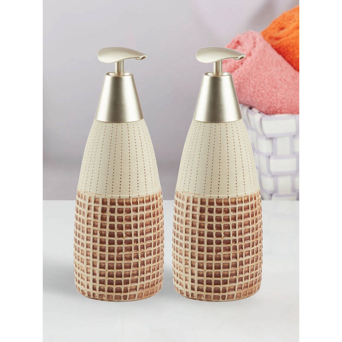 Kookee Ceramic Soap Dispenser for handwash-Brown-Beige (Set of 2)