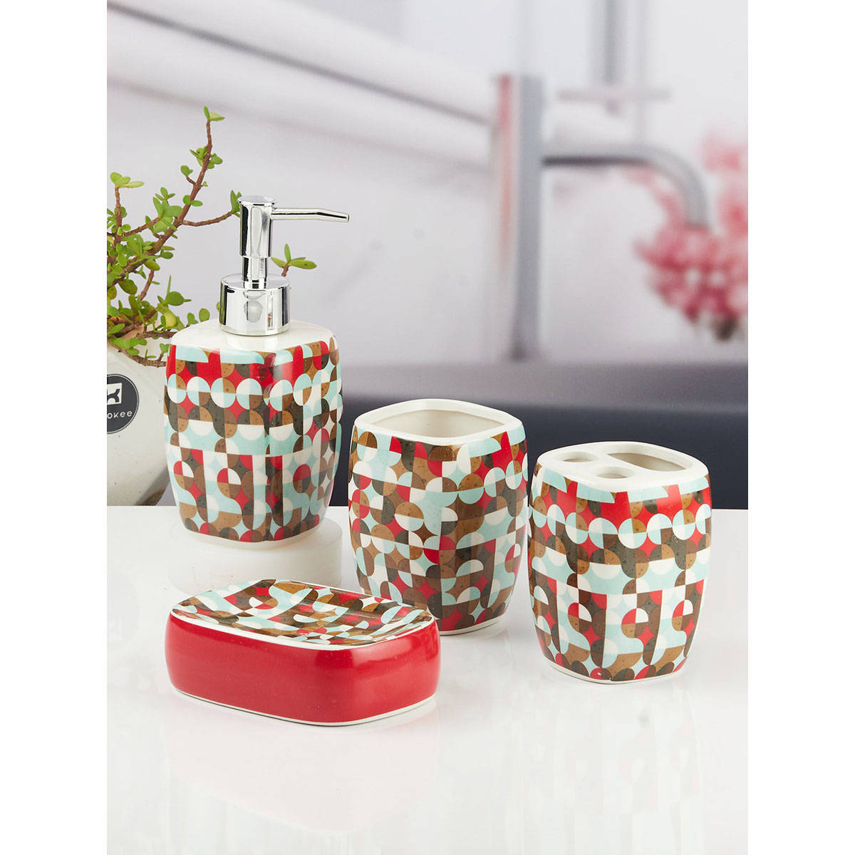Kookee Ceramic Toothbrush Holder, Soap Dish & Tumbler with Soap Dispenser -Multi-Color (Set of 4)