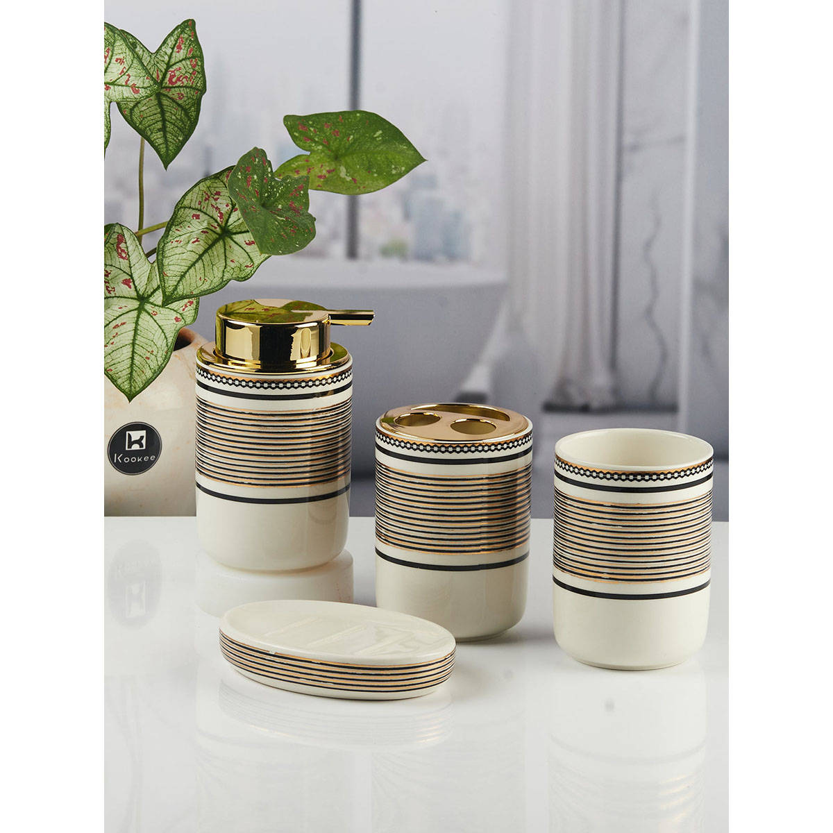 Kookee Ceramic Toothbrush Holder, Soap Dish & Tumbler with Soap Dispenser -Off White (Set of 4)