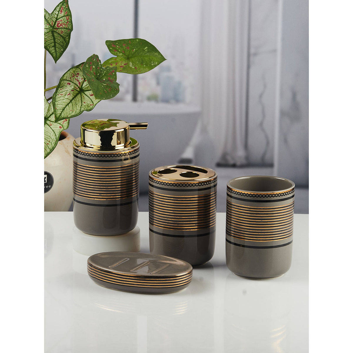 Kookee Ceramic Toothbrush Holder, Soap Dish & Tumbler with Soap Dispenser -Black (Set of 4)