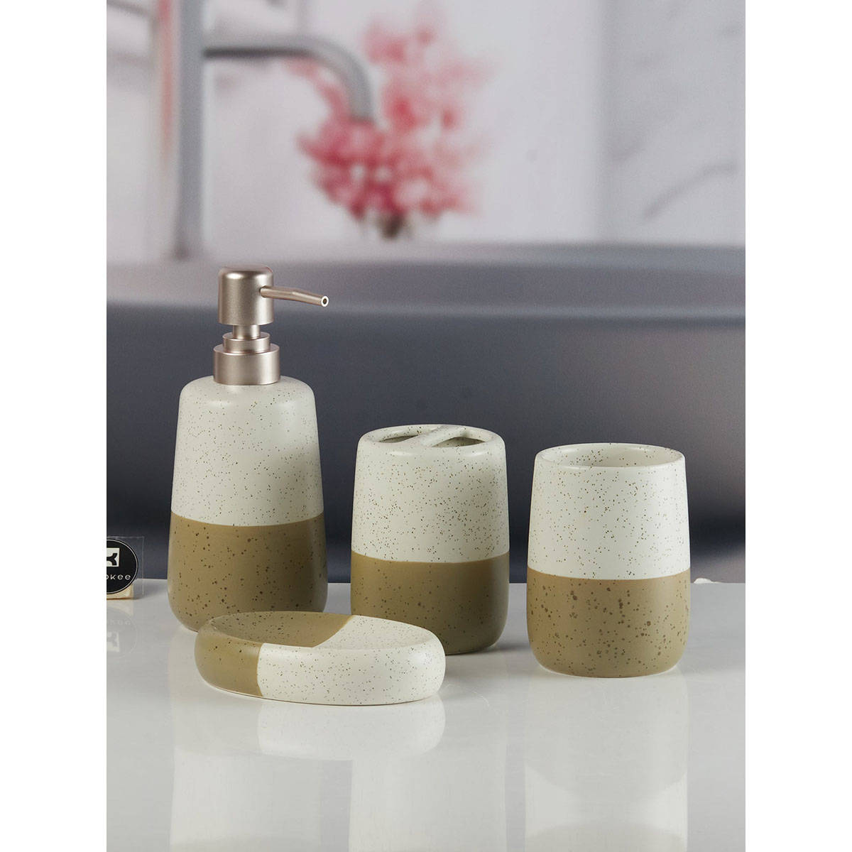Kookee Ceramic Toothbrush Holder, Soap Dish & Tumbler with Soap Dispenser -Multi-Color (Set of 4)