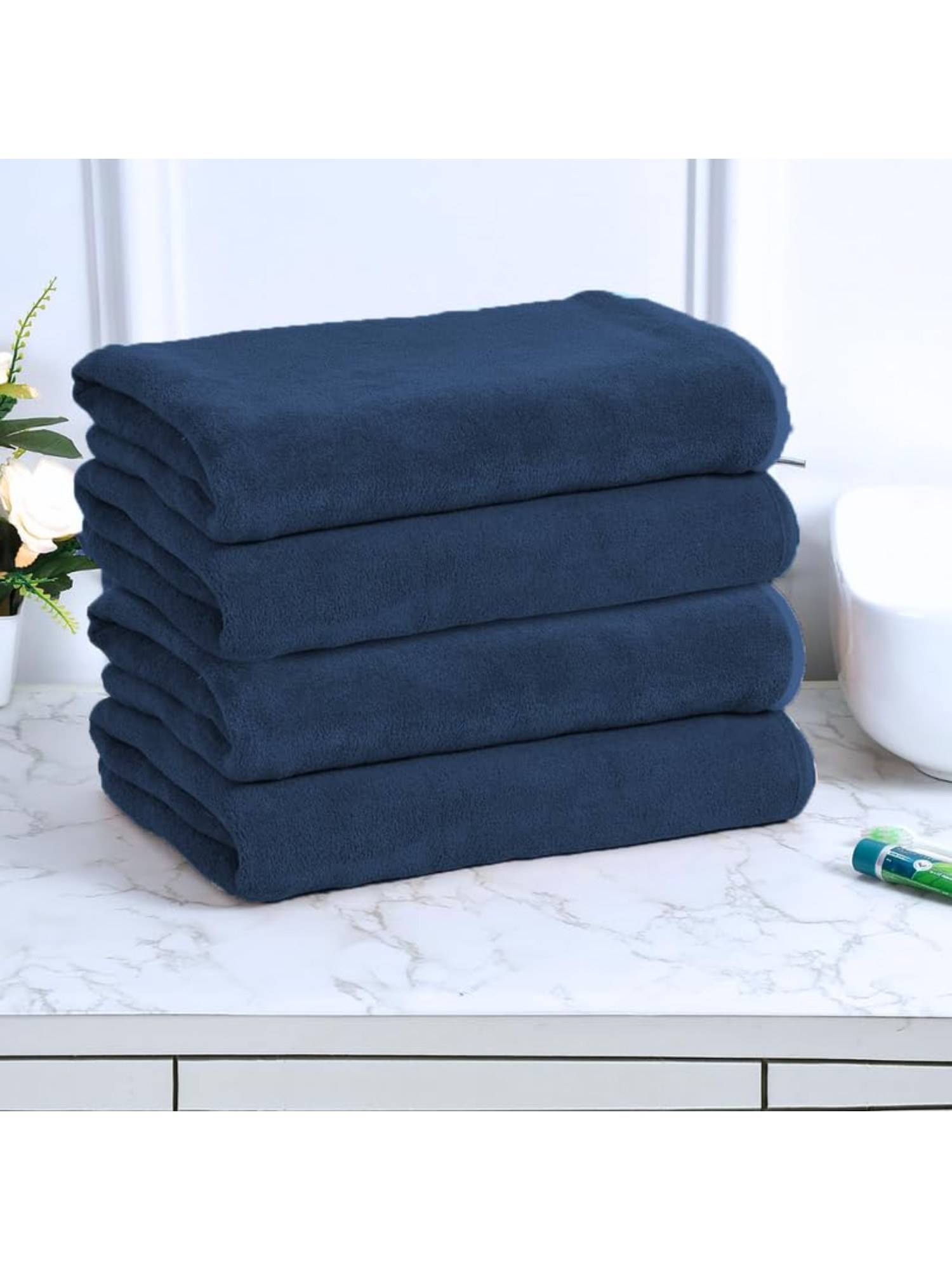 Black Gold Bath Towels 400 Gsm Lightweight Ultra-Soft Plain Navy Blue (Pack Of 4)