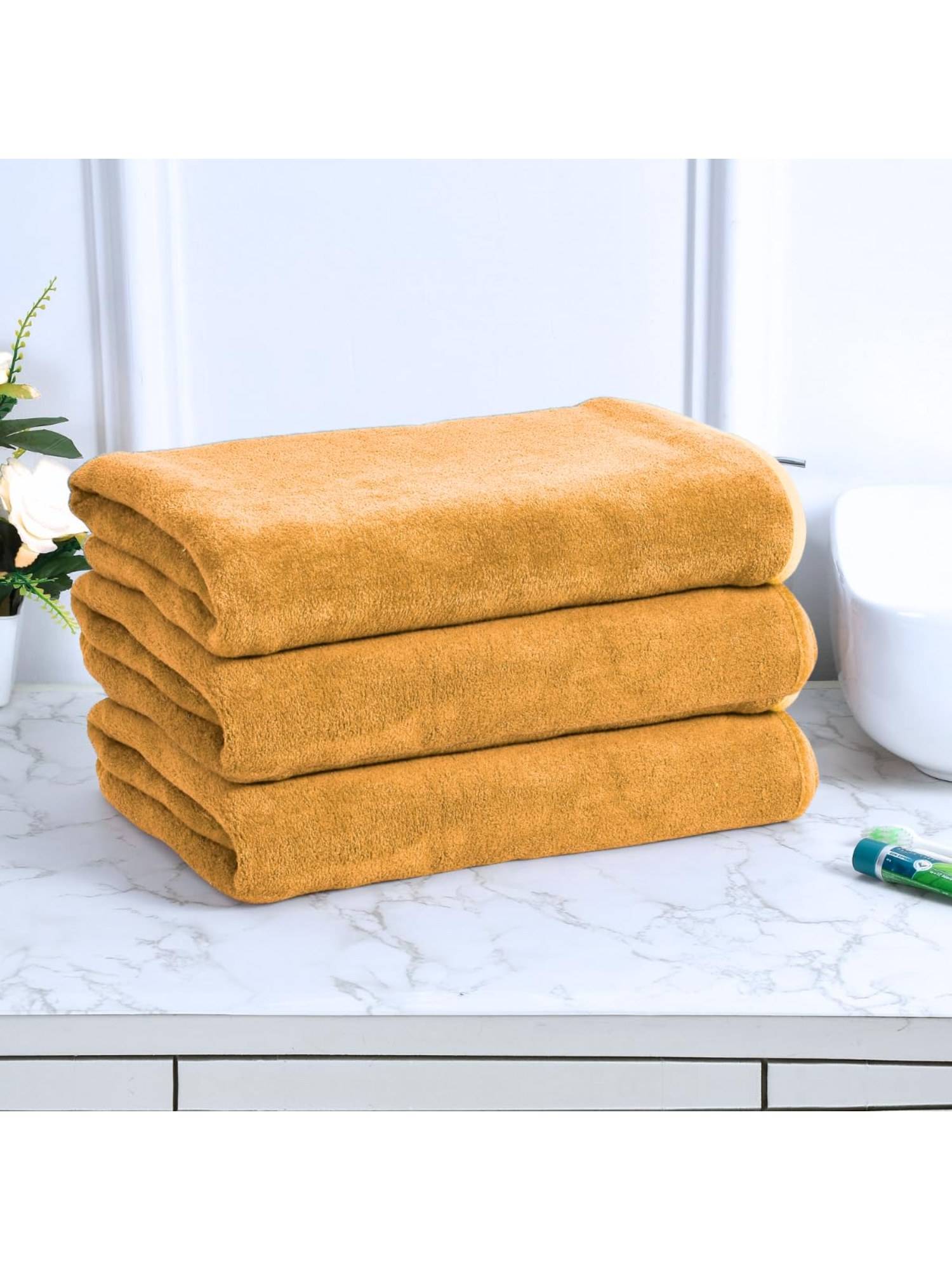 Black Gold Bath Towels 400 Gsm Lightweight Ultra-Soft Plain Yellow Pack Of 3