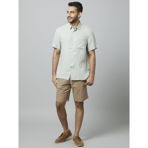 Buy CELIO Solid Khaki Cotton Linen Shorts Online