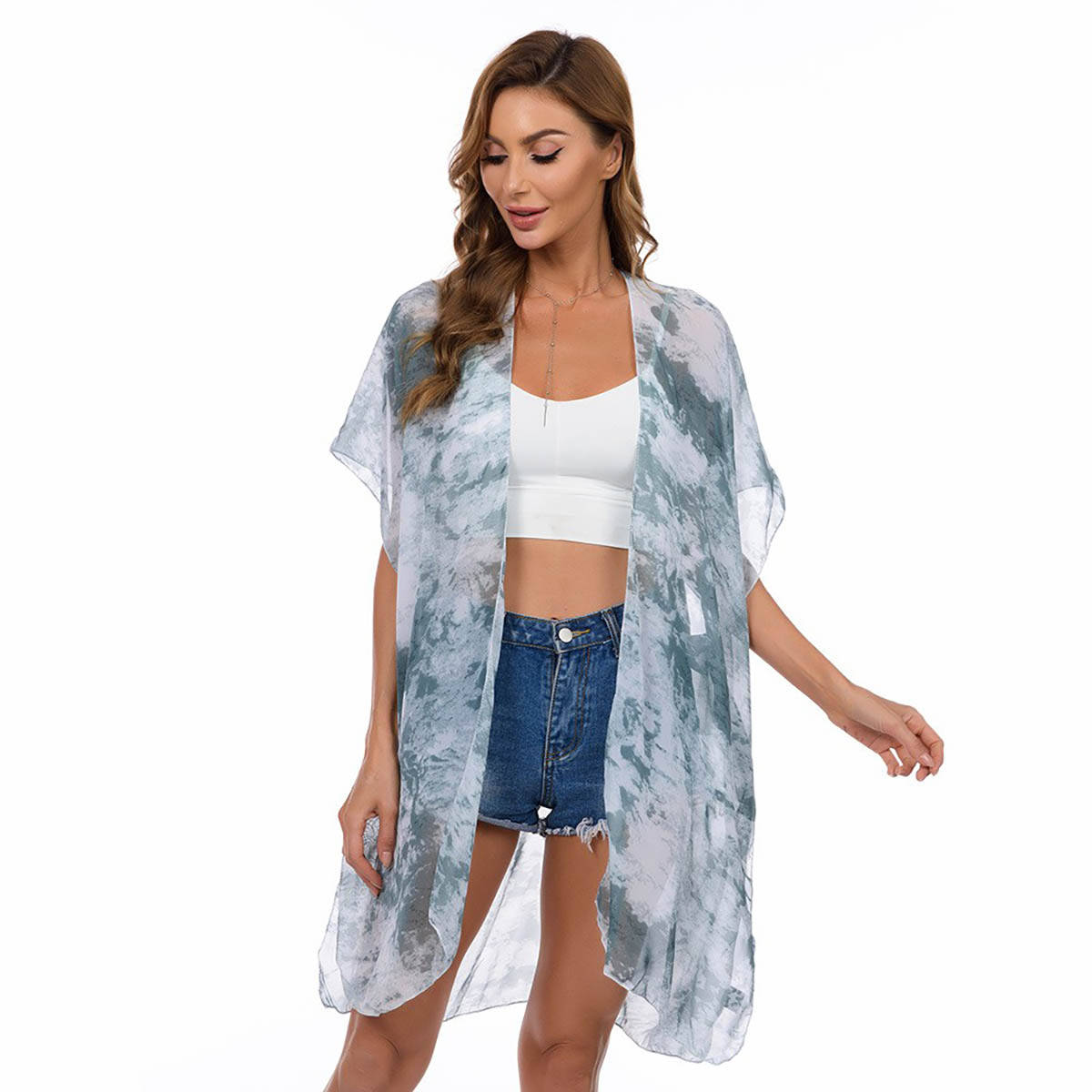 CrossKulture Green Printed Swimwear Short Sleeve Cover-Up Shrug